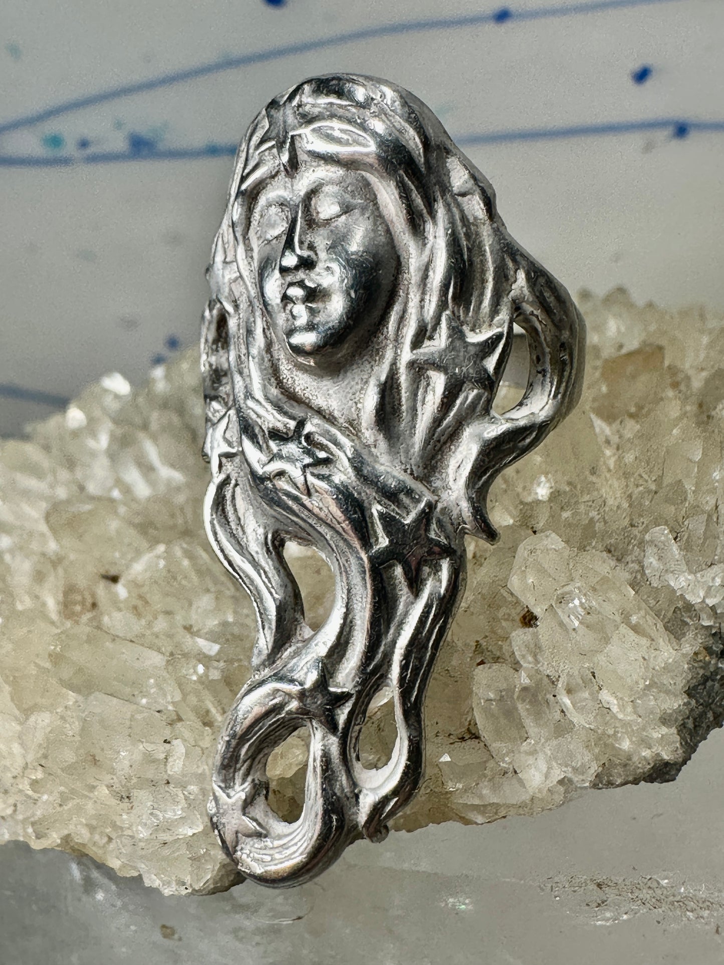 Lady Face ring with star long hair influenced Art Nouveau size 6.50 sterling silver