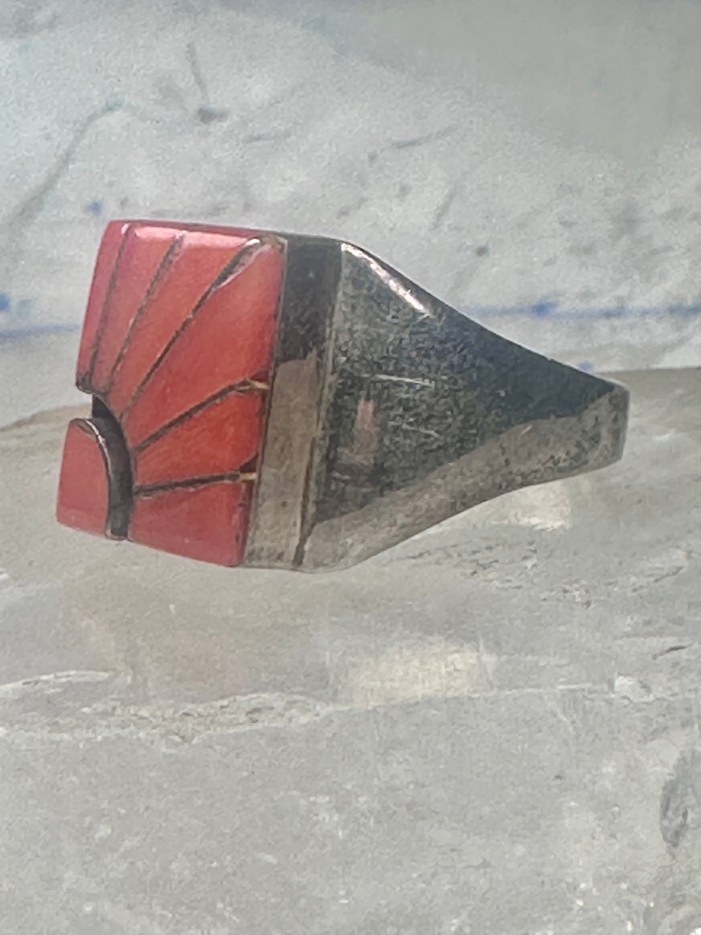 Vintage Signed Amy Southwestern Sterling Silver Orange Spiny Oyster Sunrise Inlay Signet Ring - Size 11