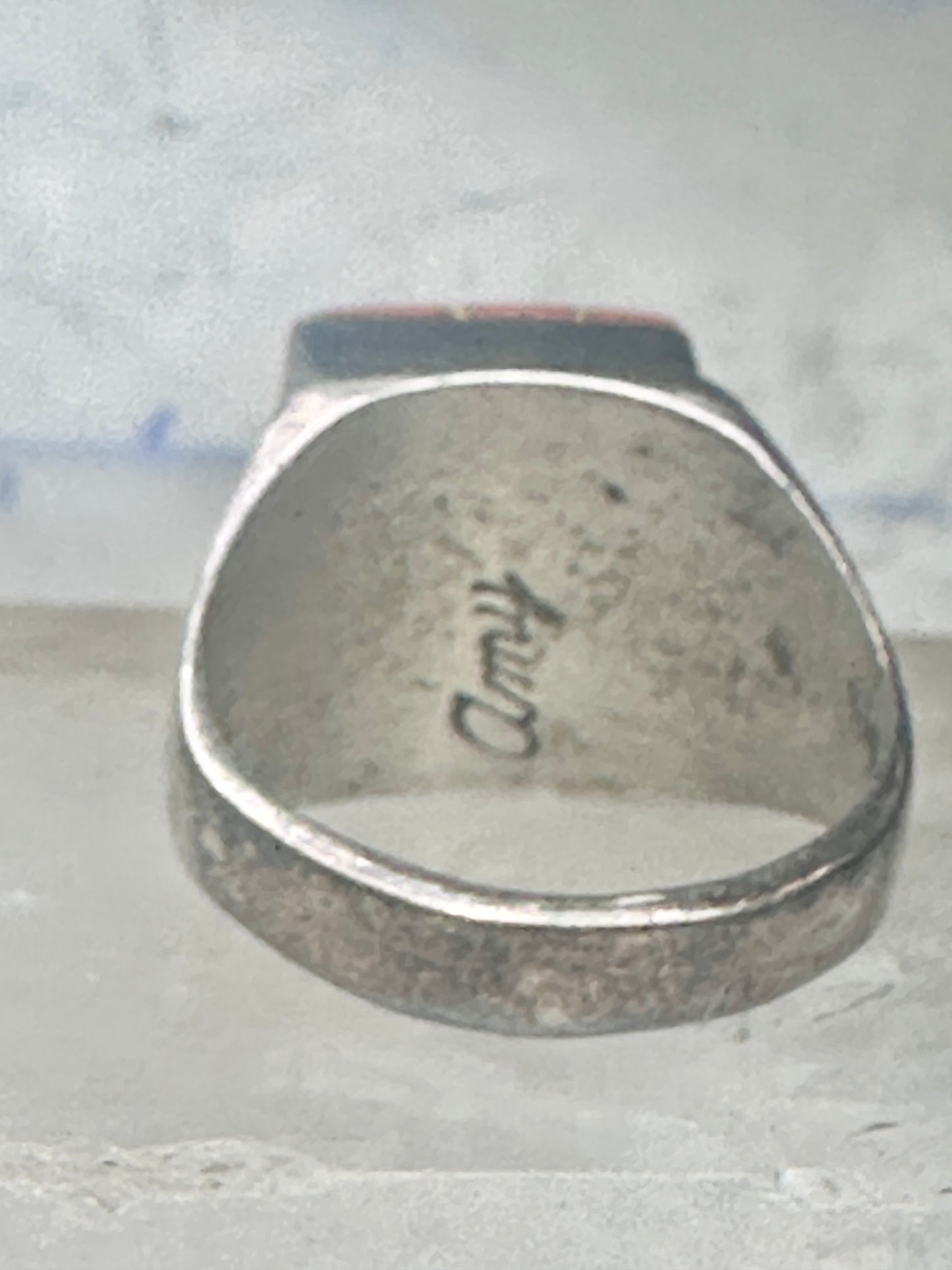 Vintage Signed Amy Southwestern Sterling Silver Orange Spiny Oyster Sunrise Inlay Signet Ring - Size 11