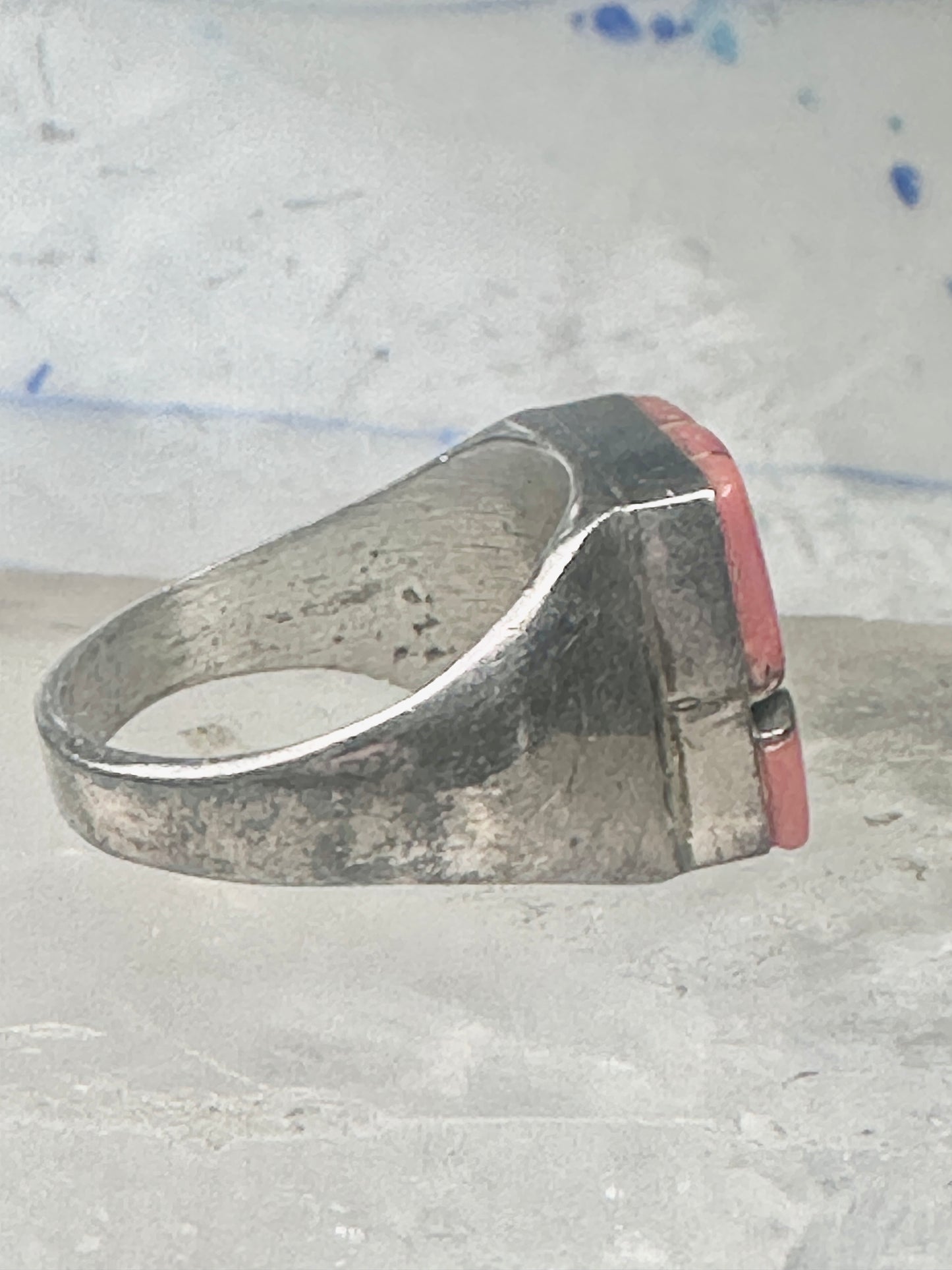 Vintage Signed Amy Southwestern Sterling Silver Orange Spiny Oyster Sunrise Inlay Signet Ring - Size 11