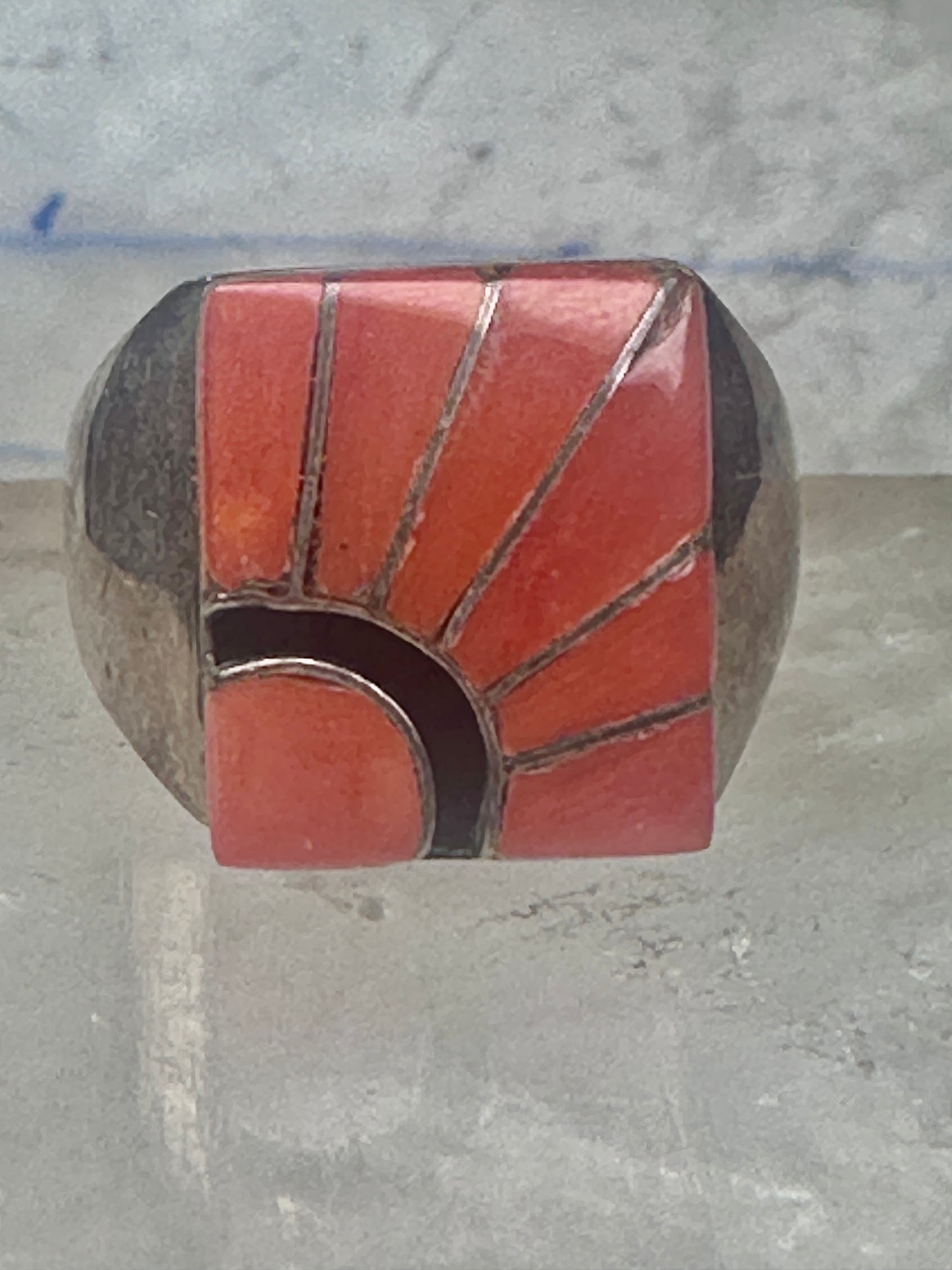 Vintage Signed Amy Southwestern Sterling Silver Orange Spiny Oyster Sunrise Inlay Signet Ring - Size 11