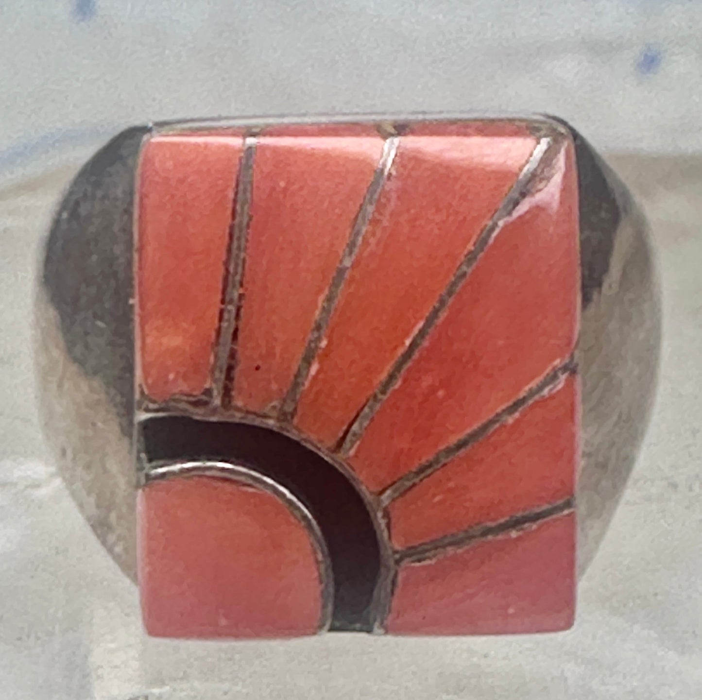 Vintage Signed Amy Southwestern Sterling Silver Orange Spiny Oyster Sunrise Inlay Signet Ring - Size 11