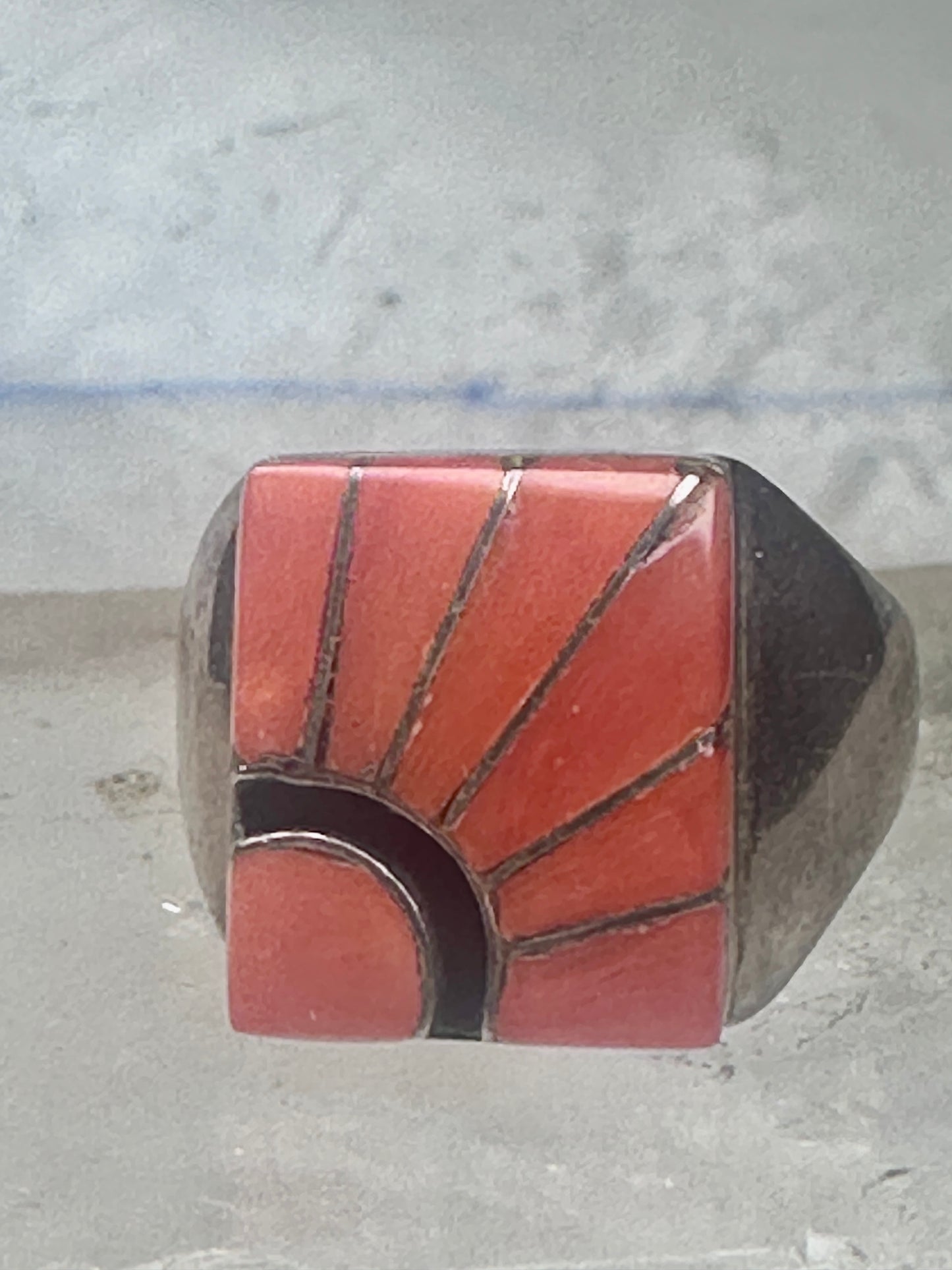 Vintage Signed Amy Southwestern Sterling Silver Orange Spiny Oyster Sunrise Inlay Signet Ring - Size 11