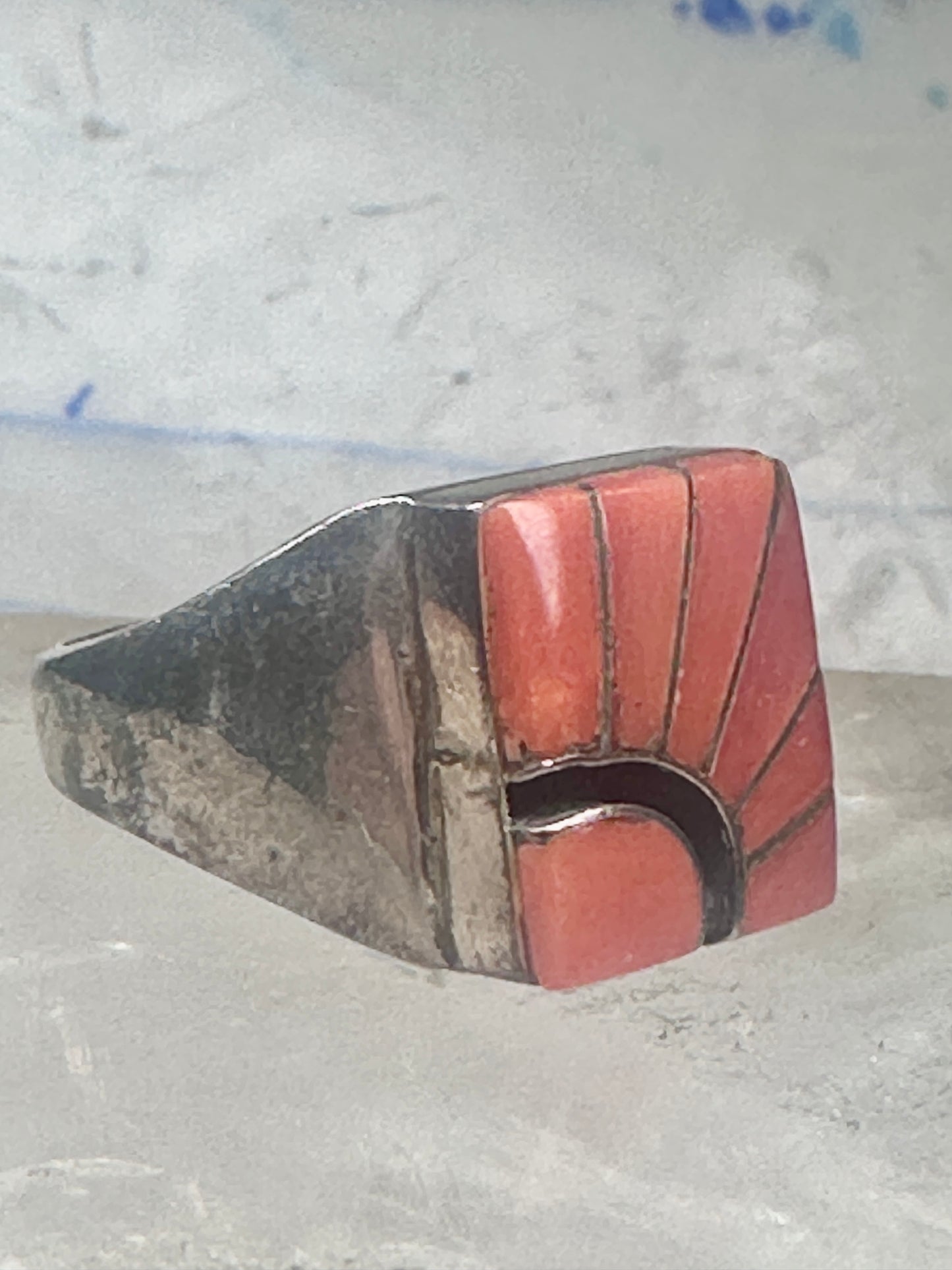 Vintage Signed Amy Southwestern Sterling Silver Orange Spiny Oyster Sunrise Inlay Signet Ring - Size 11