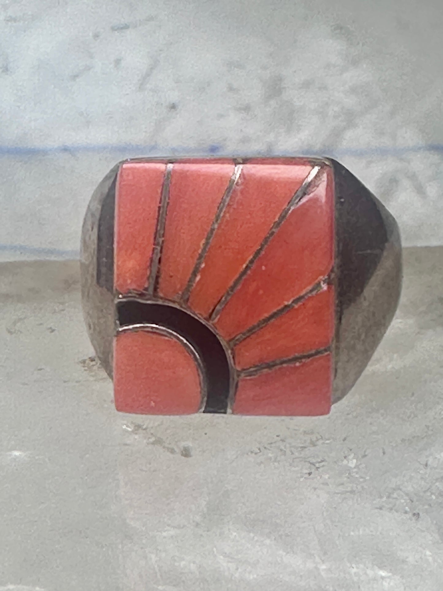Vintage Signed Amy Southwestern Sterling Silver Orange Spiny Oyster Sunrise Inlay Signet Ring - Size 11