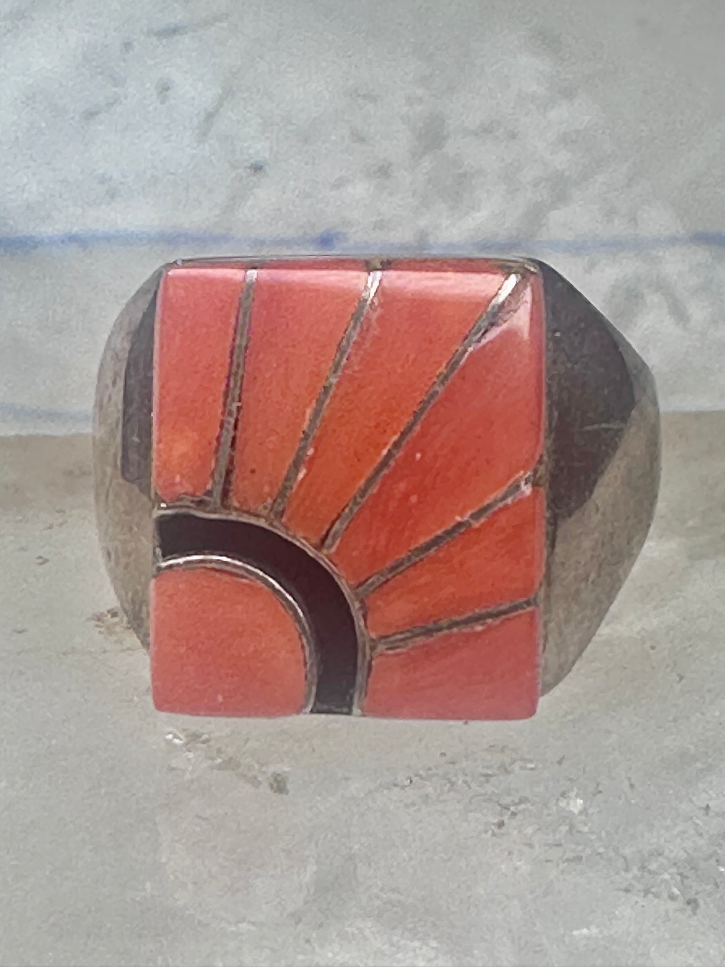Vintage Signed Amy Southwestern Sterling Silver Orange Spiny Oyster Sunrise Inlay Signet Ring - Size 11