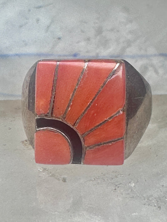 Vintage Signed Amy Southwestern Sterling Silver Orange Spiny Oyster Sunrise Inlay Signet Ring - Size 11