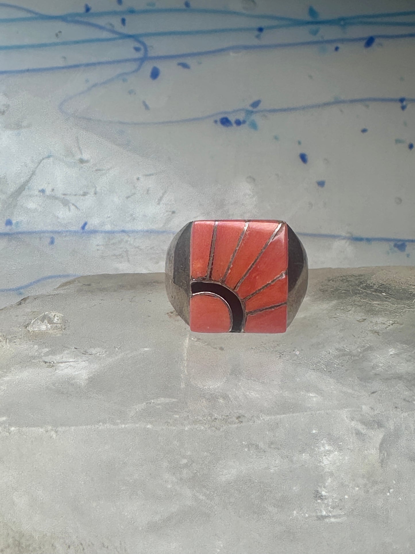 Vintage Signed Amy Southwestern Sterling Silver Orange Spiny Oyster Sunrise Inlay Signet Ring - Size 11