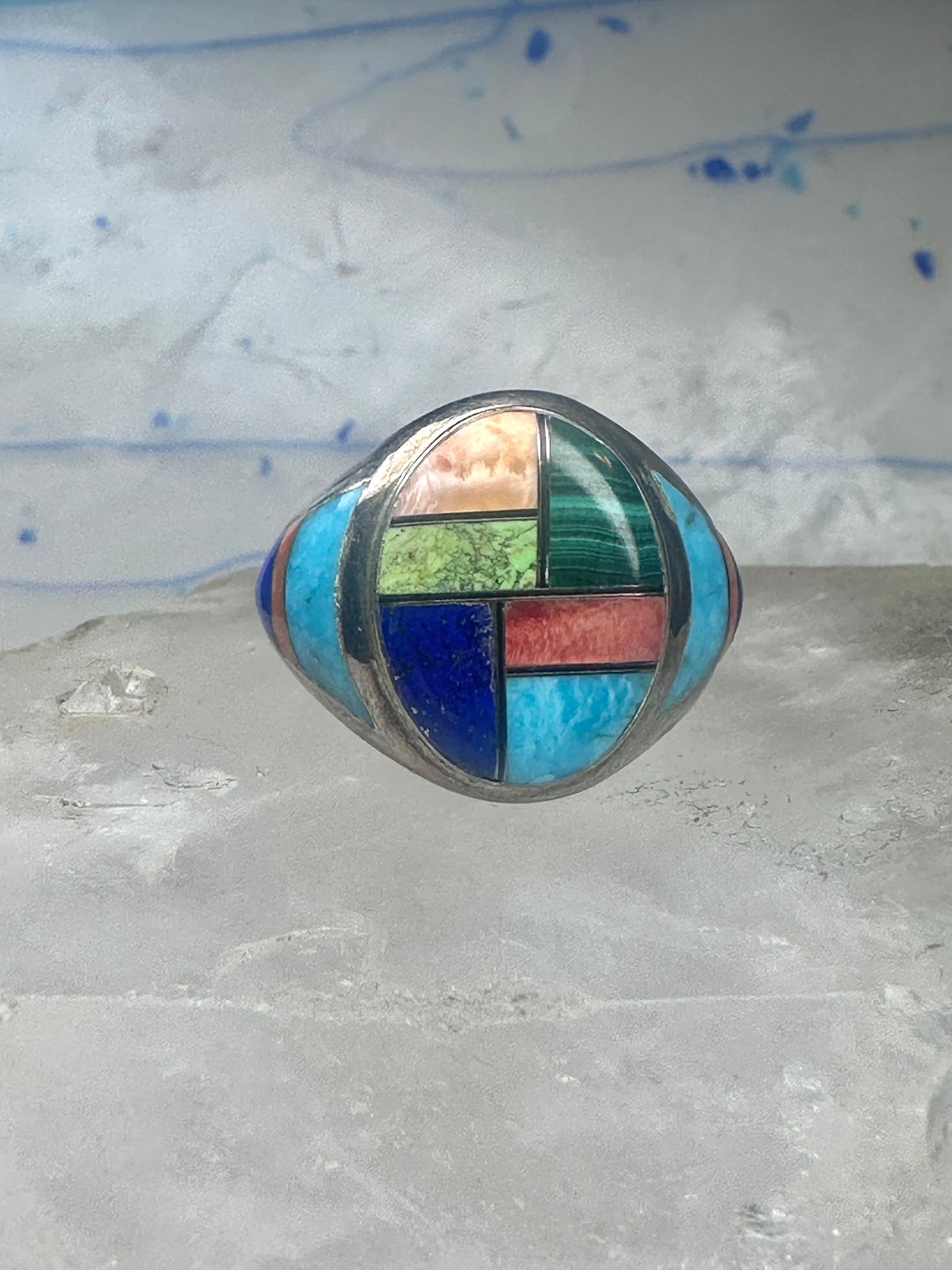 Vintage Signed LT Leroy Thomas Navajo Sterling Silver Multi-Stone Inlay Ring - Size 13