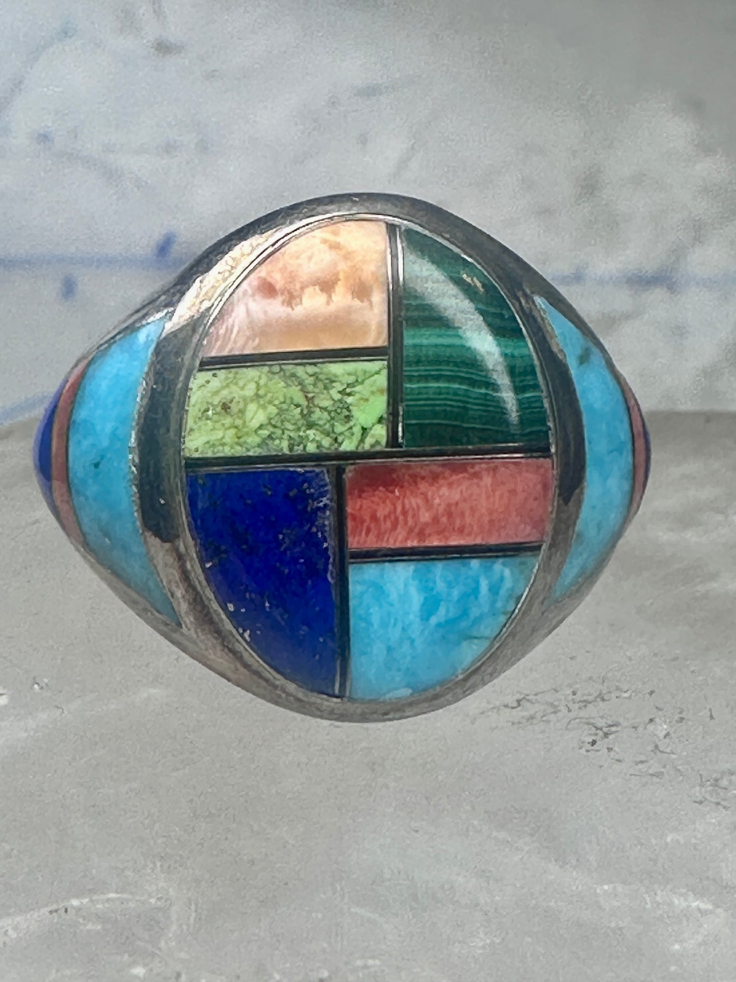Vintage Signed LT Leroy Thomas Navajo Sterling Silver Multi-Stone Inlay Ring - Size 13