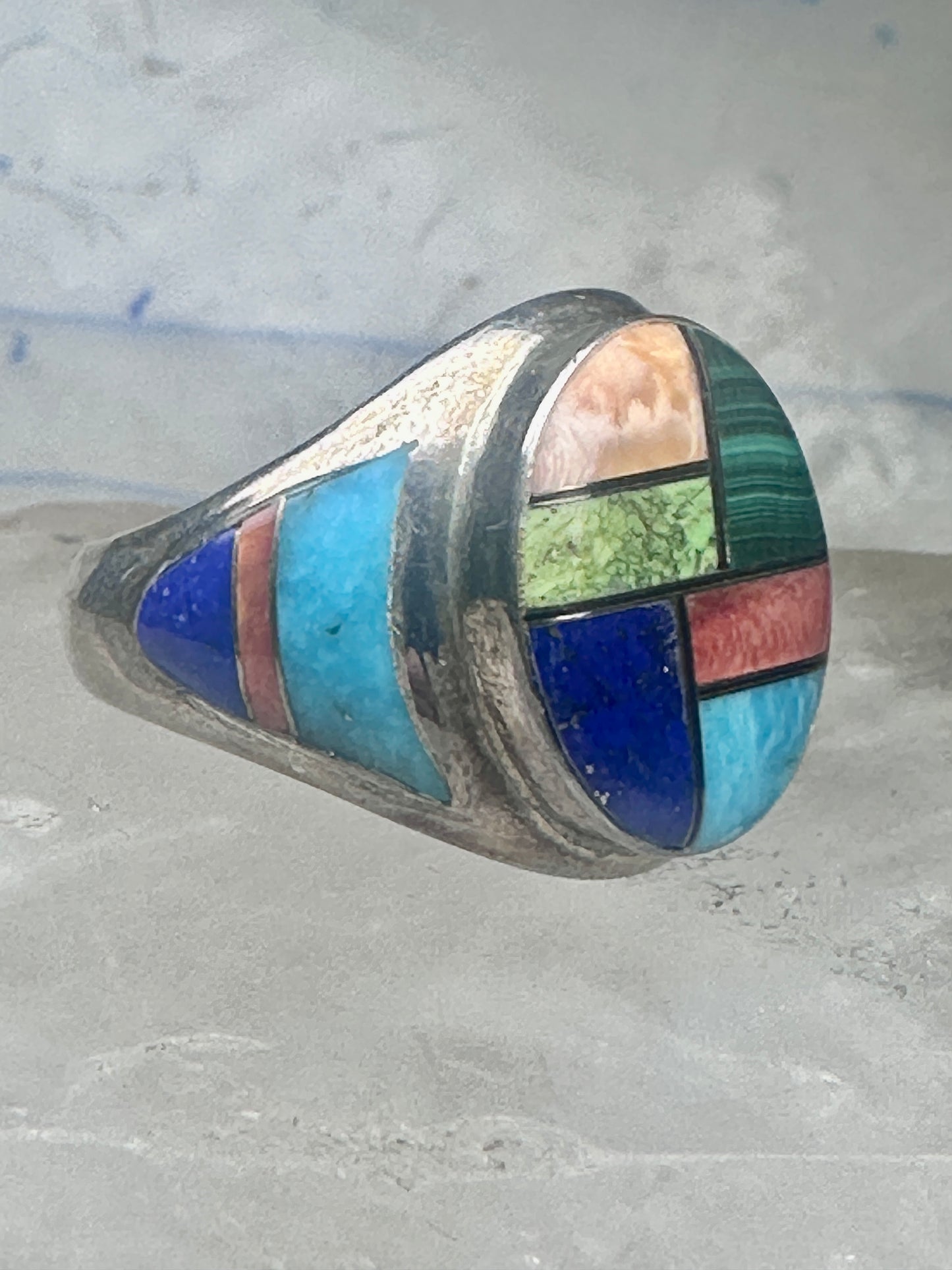 Vintage Signed LT Leroy Thomas Navajo Sterling Silver Multi-Stone Inlay Ring - Size 13