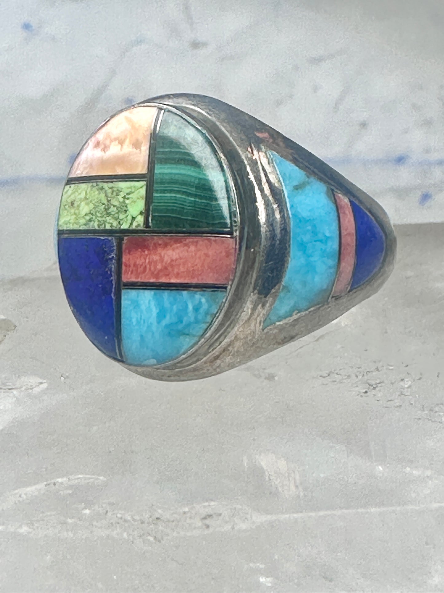 Vintage Signed LT Leroy Thomas Navajo Sterling Silver Multi-Stone Inlay Ring - Size 13