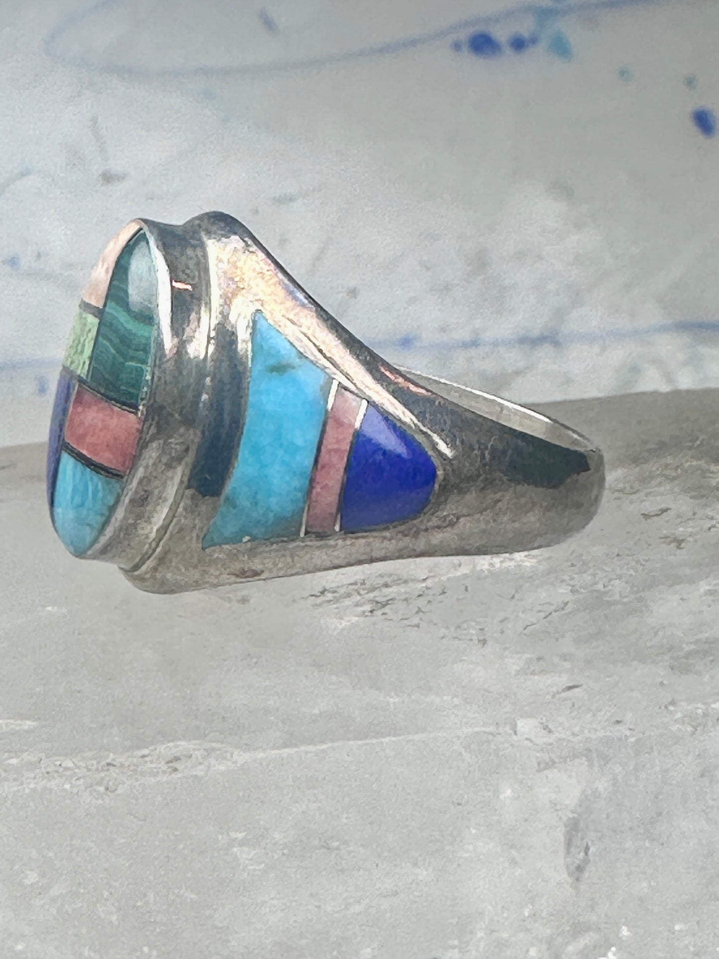 Vintage Signed LT Leroy Thomas Navajo Sterling Silver Multi-Stone Inlay Ring - Size 13