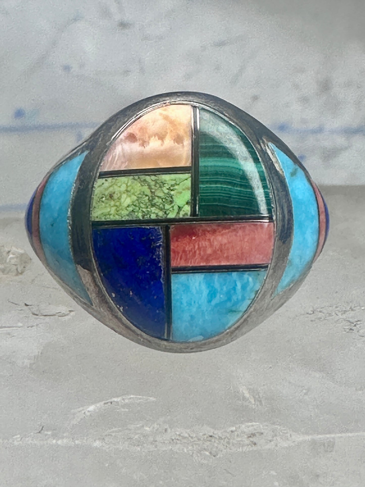 Vintage Signed LT Leroy Thomas Navajo Sterling Silver Multi-Stone Inlay Ring - Size 13