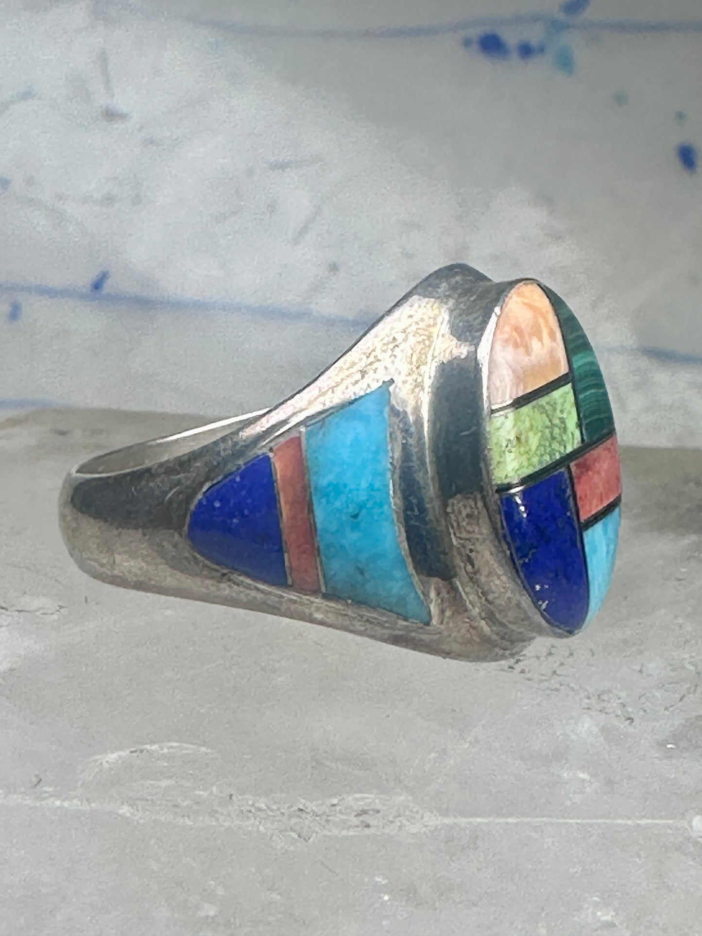 Vintage Signed LT Leroy Thomas Navajo Sterling Silver Multi-Stone Inlay Ring - Size 13