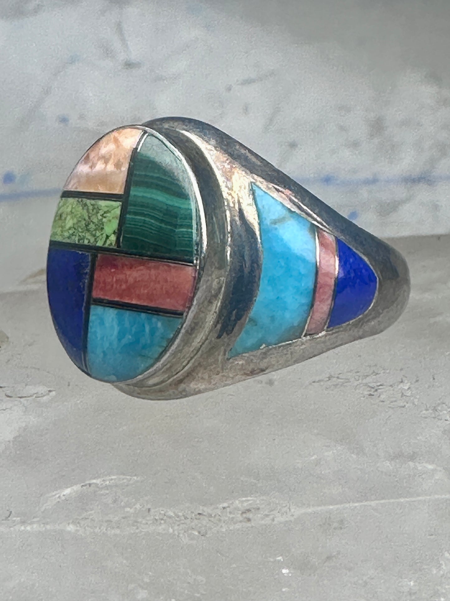 Vintage Signed LT Leroy Thomas Navajo Sterling Silver Multi-Stone Inlay Ring - Size 13