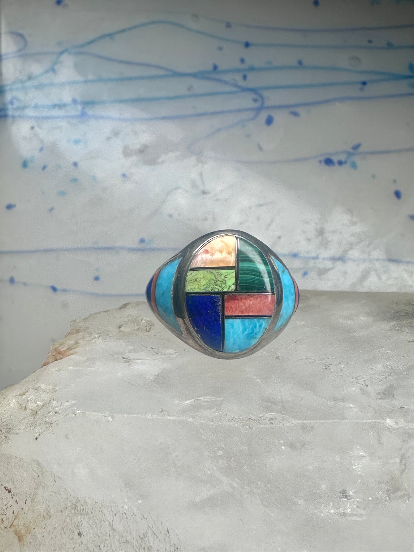 Vintage Signed LT Leroy Thomas Navajo Sterling Silver Multi-Stone Inlay Ring - Size 13