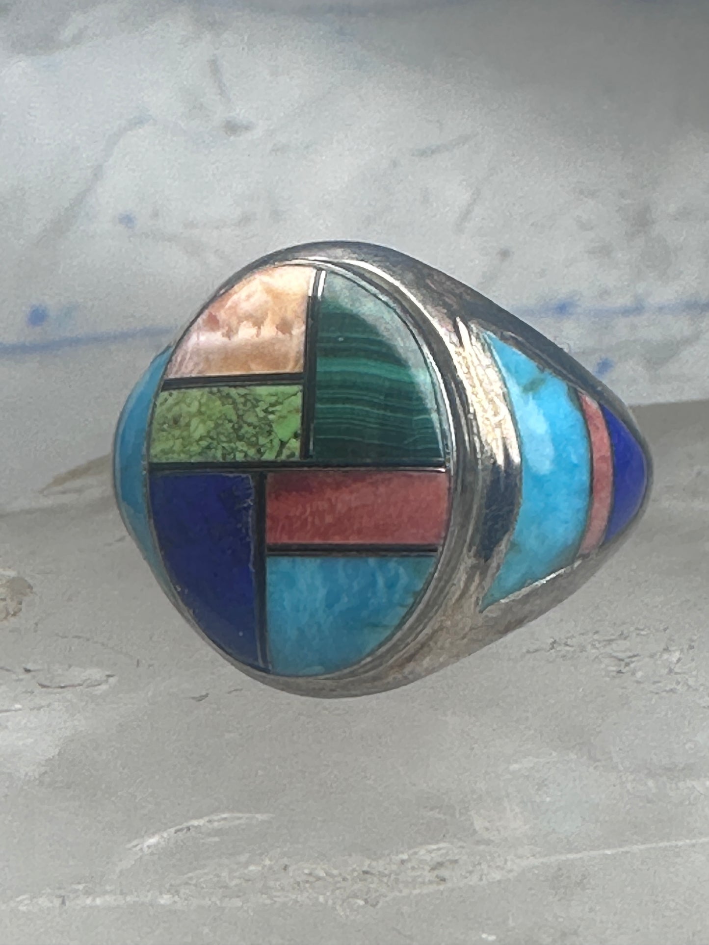 Signed Tommy Singer Style Southwestern Multi-Stone Inlay Ring Size 12.5 - Geometric Sterling Silver Band