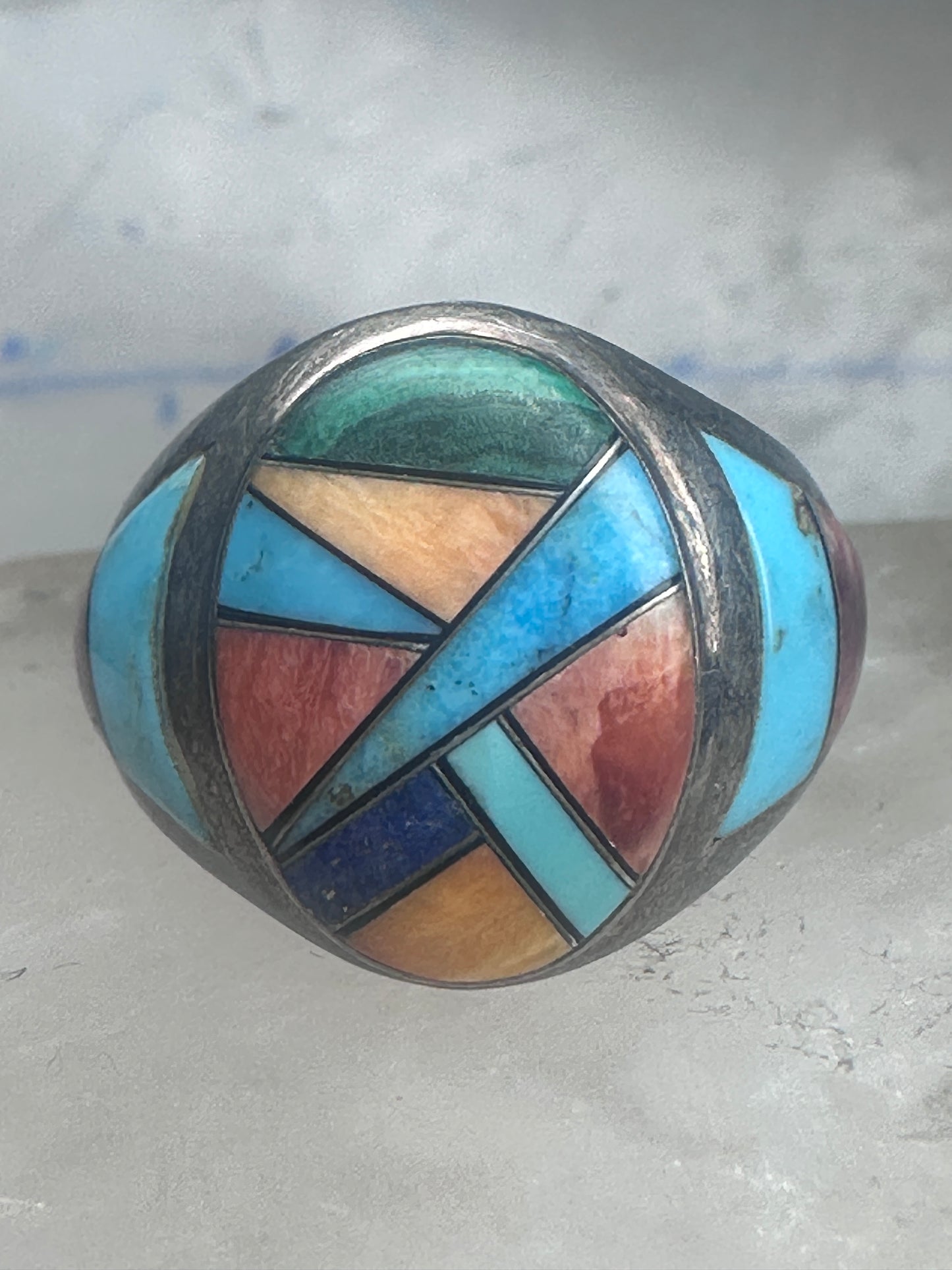 Signed Tommy Singer Style Southwestern Multi-Stone Inlay Ring Size 12.5 - Geometric Sterling Silver Band