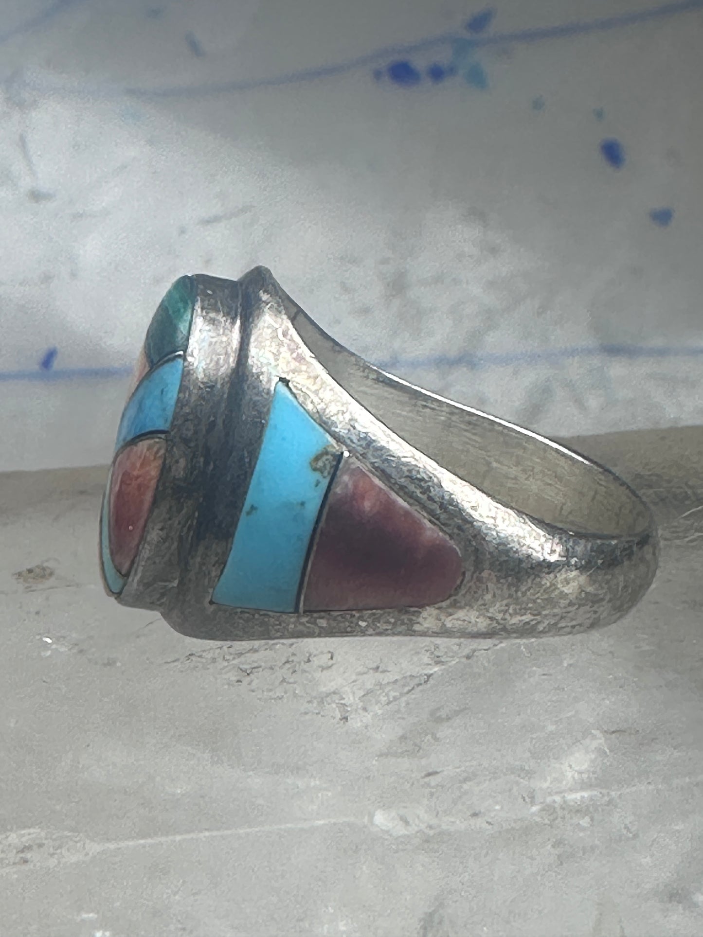 Signed Tommy Singer Style Southwestern Multi-Stone Inlay Ring Size 12.5 - Geometric Sterling Silver Band