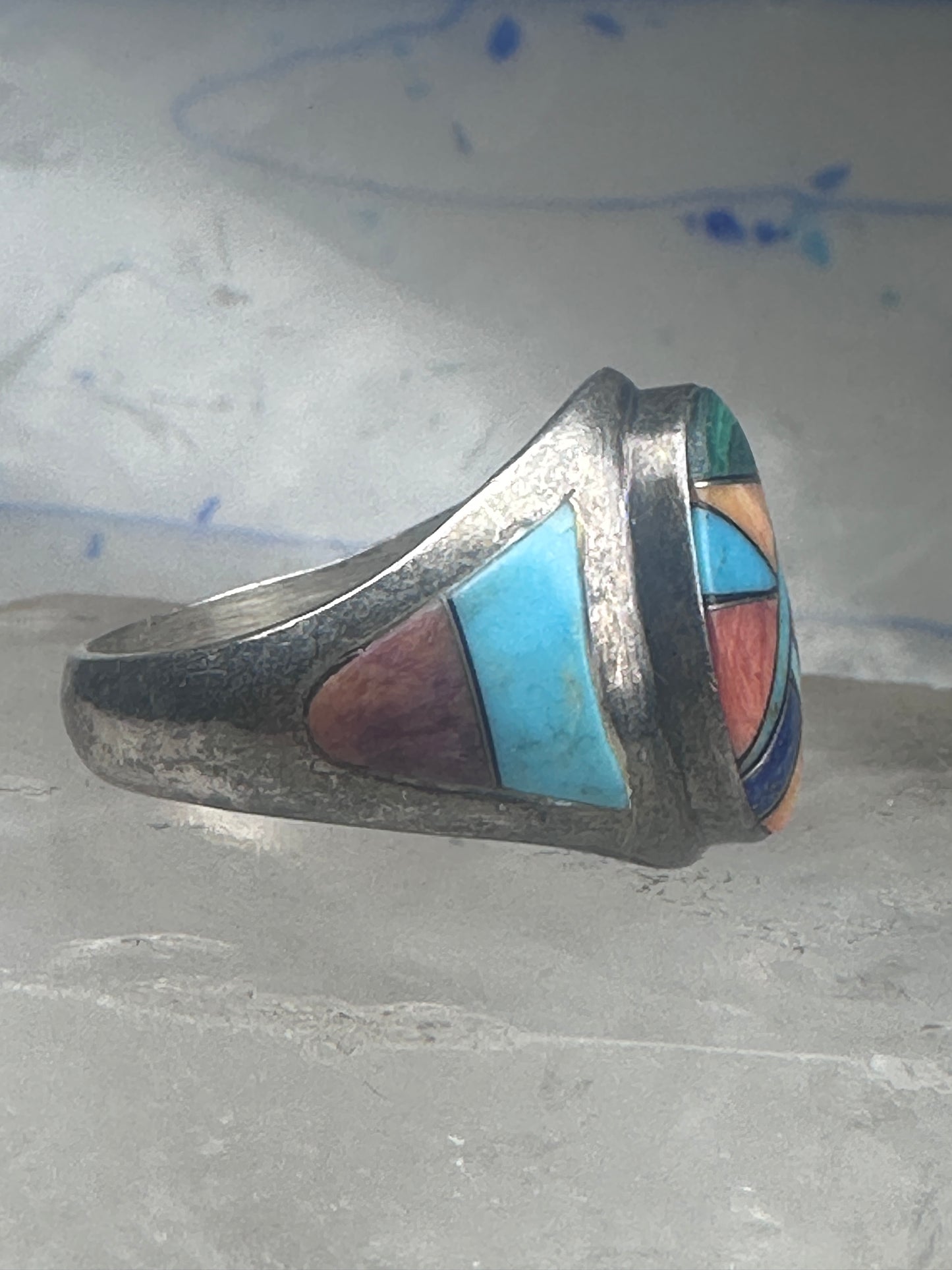 Signed Tommy Singer Style Southwestern Multi-Stone Inlay Ring Size 12.5 - Geometric Sterling Silver Band