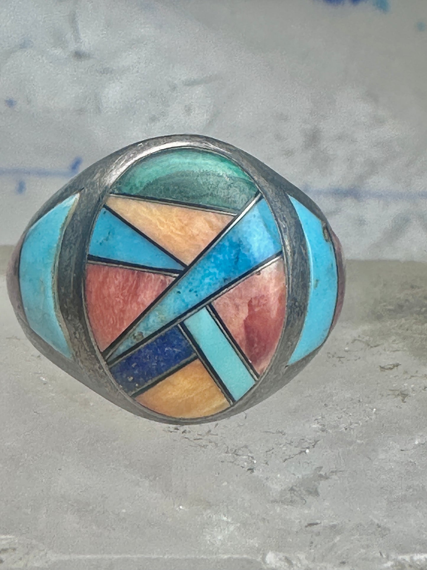 Signed Tommy Singer Style Southwestern Multi-Stone Inlay Ring Size 12.5 - Geometric Sterling Silver Band