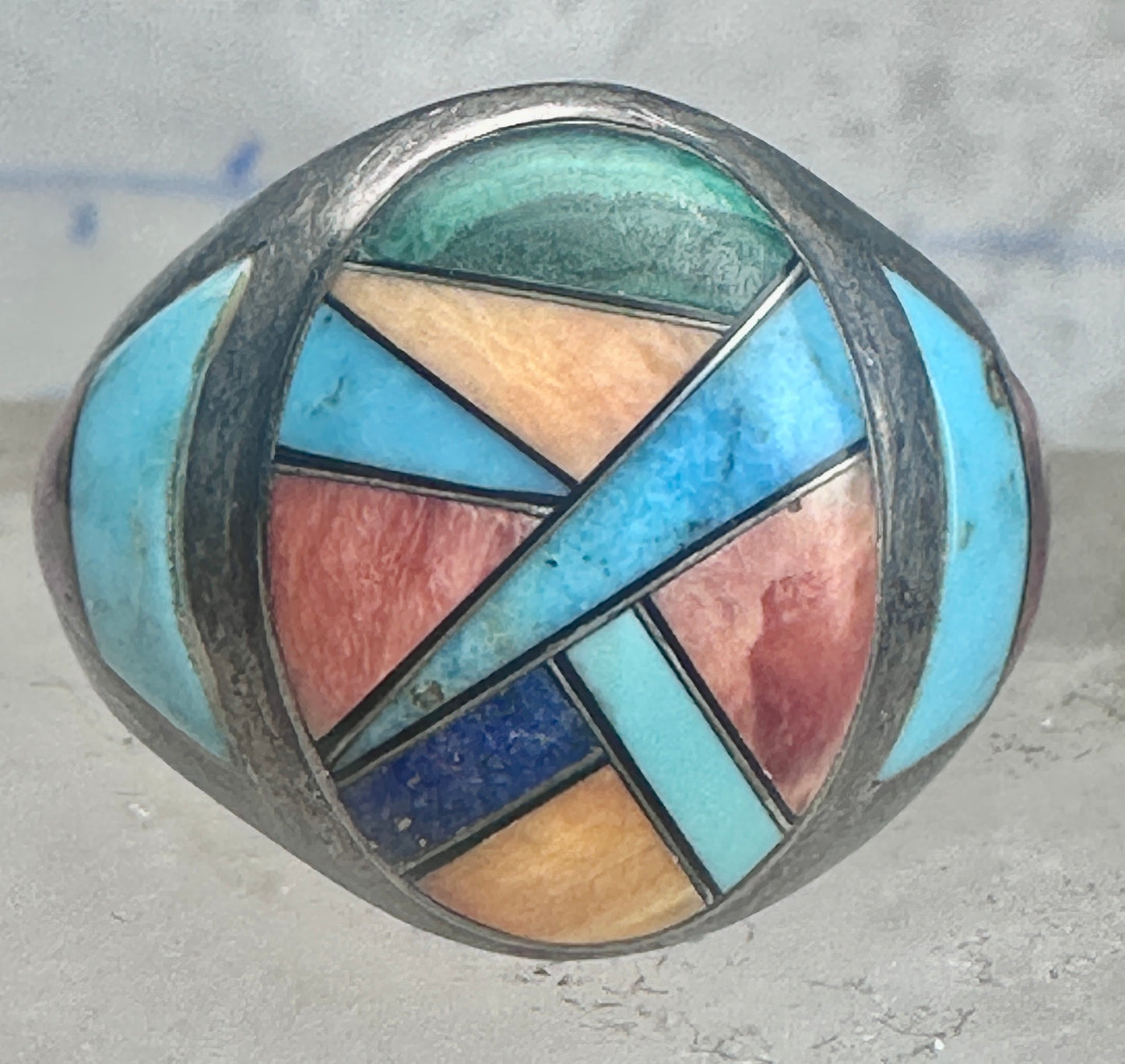 Signed Tommy Singer Style Southwestern Multi-Stone Inlay Ring Size 12.5 - Geometric Sterling Silver Band