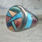 Signed Tommy Singer Style Southwestern Multi-Stone Inlay Ring Size 12.5 - Geometric Sterling Silver Band