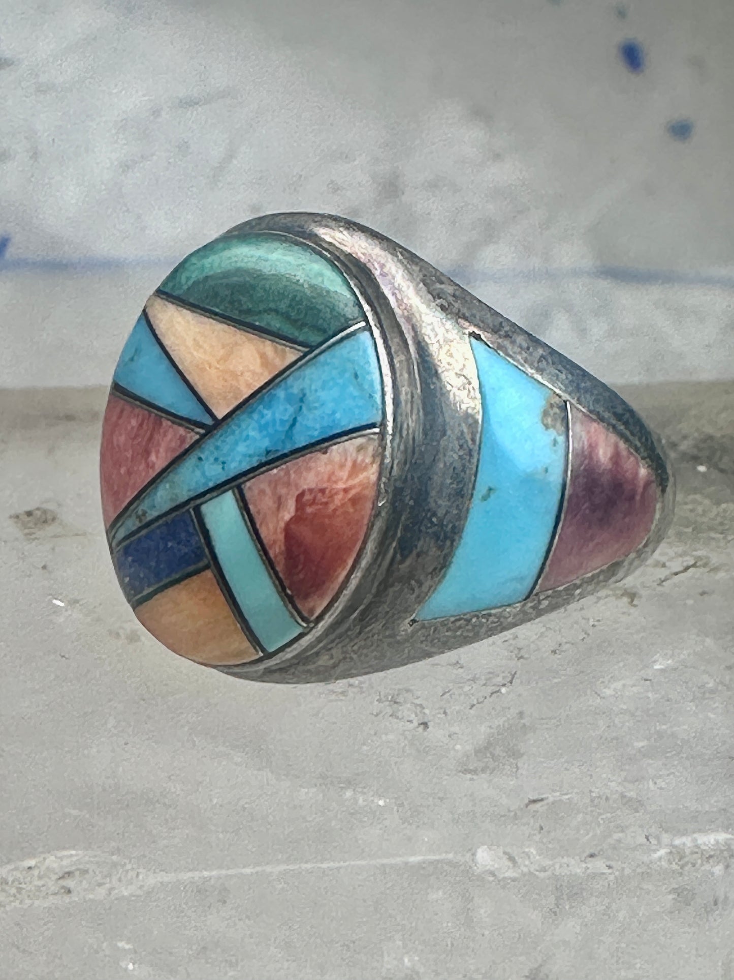 Signed Tommy Singer Style Southwestern Multi-Stone Inlay Ring Size 12.5 - Geometric Sterling Silver Band