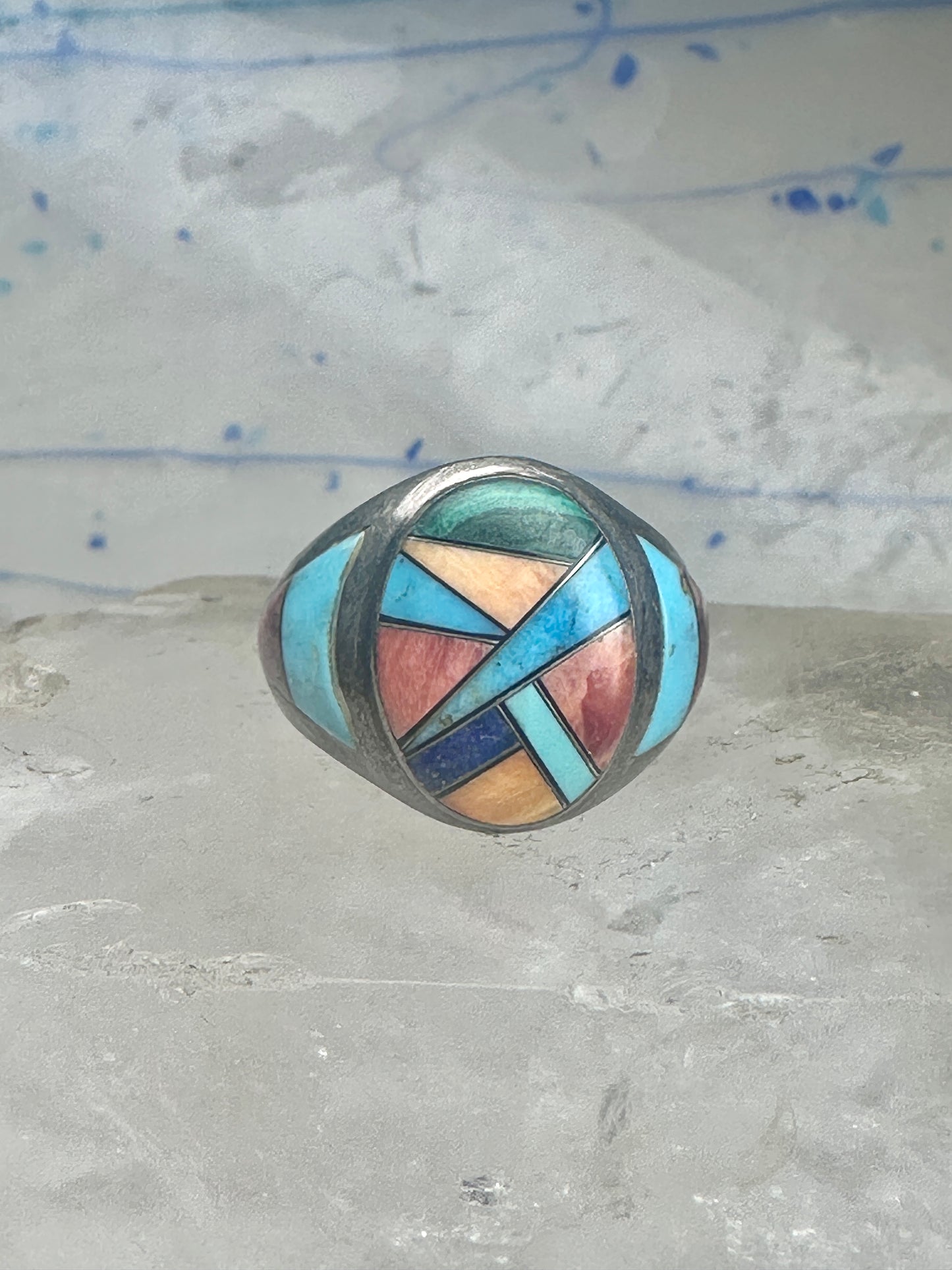 Signed Tommy Singer Style Southwestern Multi-Stone Inlay Ring Size 12.5 - Geometric Sterling Silver Band