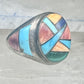 Signed Tommy Singer Style Southwestern Multi-Stone Inlay Ring Size 12.5 - Geometric Sterling Silver Band