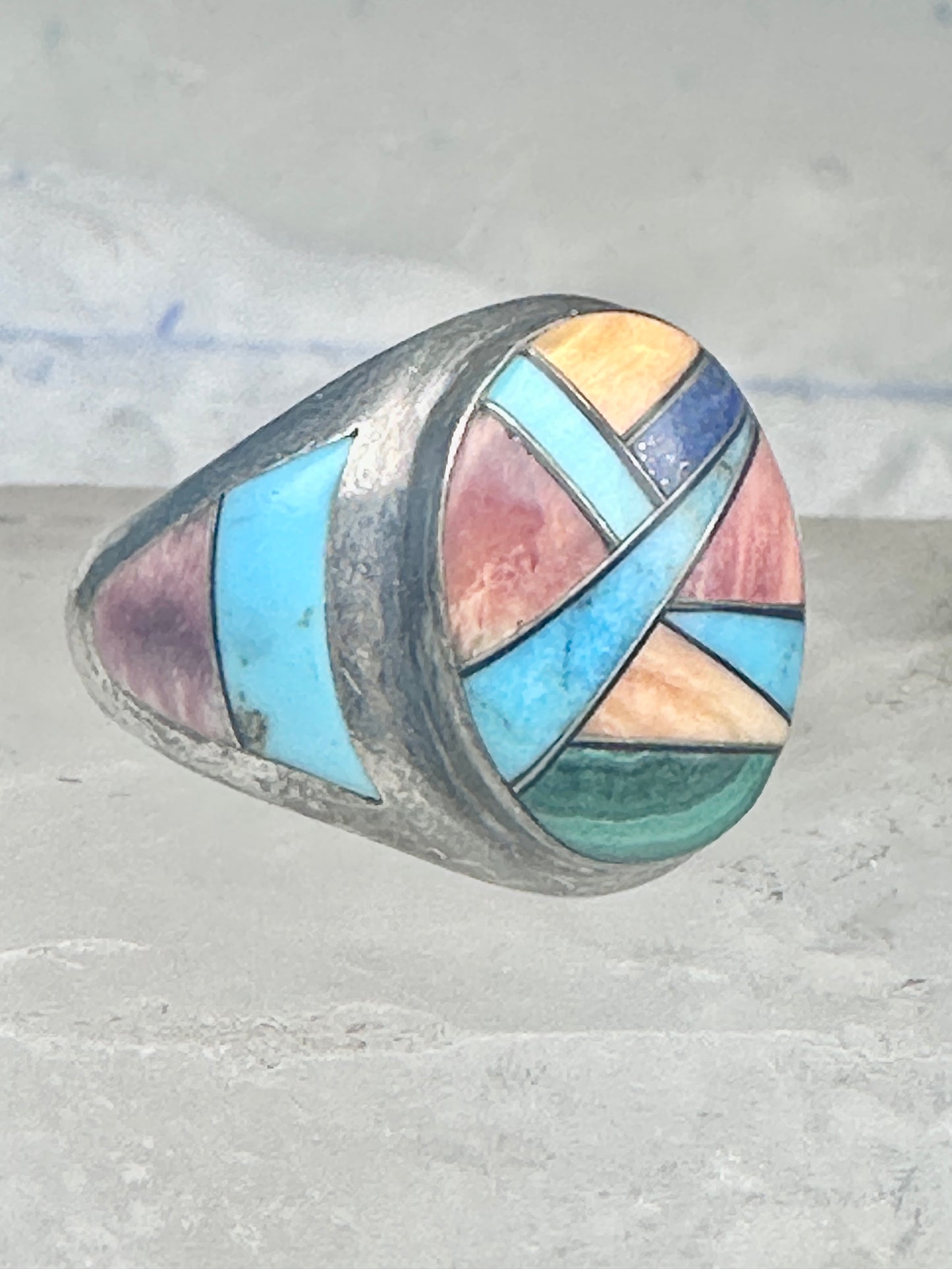 Signed Tommy Singer Style Southwestern Multi-Stone Inlay Ring Size 12.5 - Geometric Sterling Silver Band