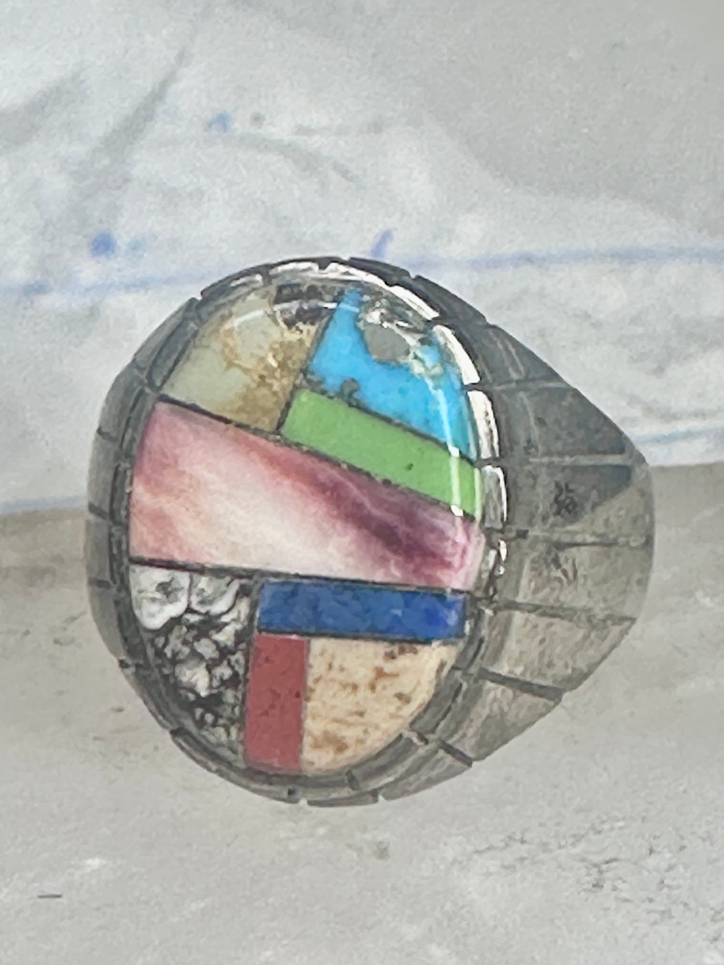 Southwestern Sterling Silver Multi-Stone Inlay Ring Size 10.75 - Geometric Segmented Band