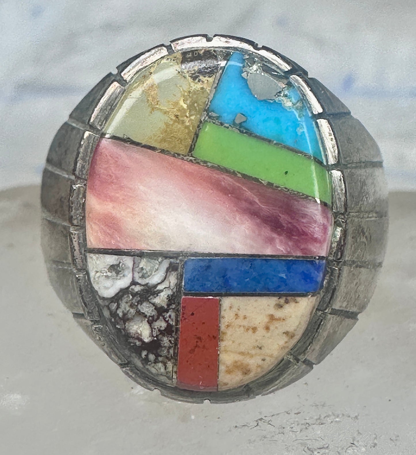 Southwestern Sterling Silver Multi-Stone Inlay Ring Size 10.75 - Geometric Segmented Band