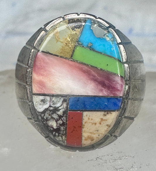 Southwestern Sterling Silver Multi-Stone Inlay Ring Size 10.75 - Geometric Segmented Band