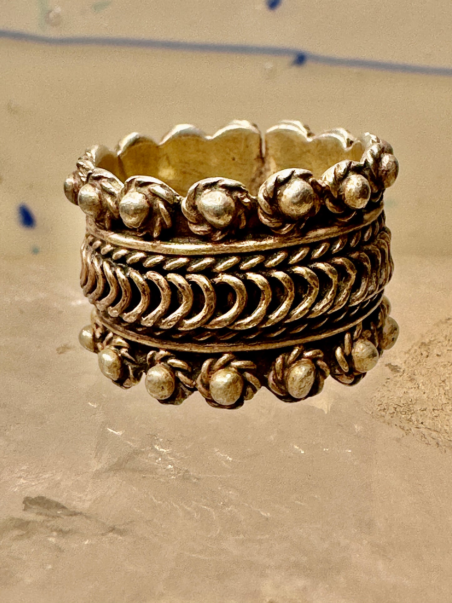 Boho ring Wide Beaded band size 6.25 sterling silver women