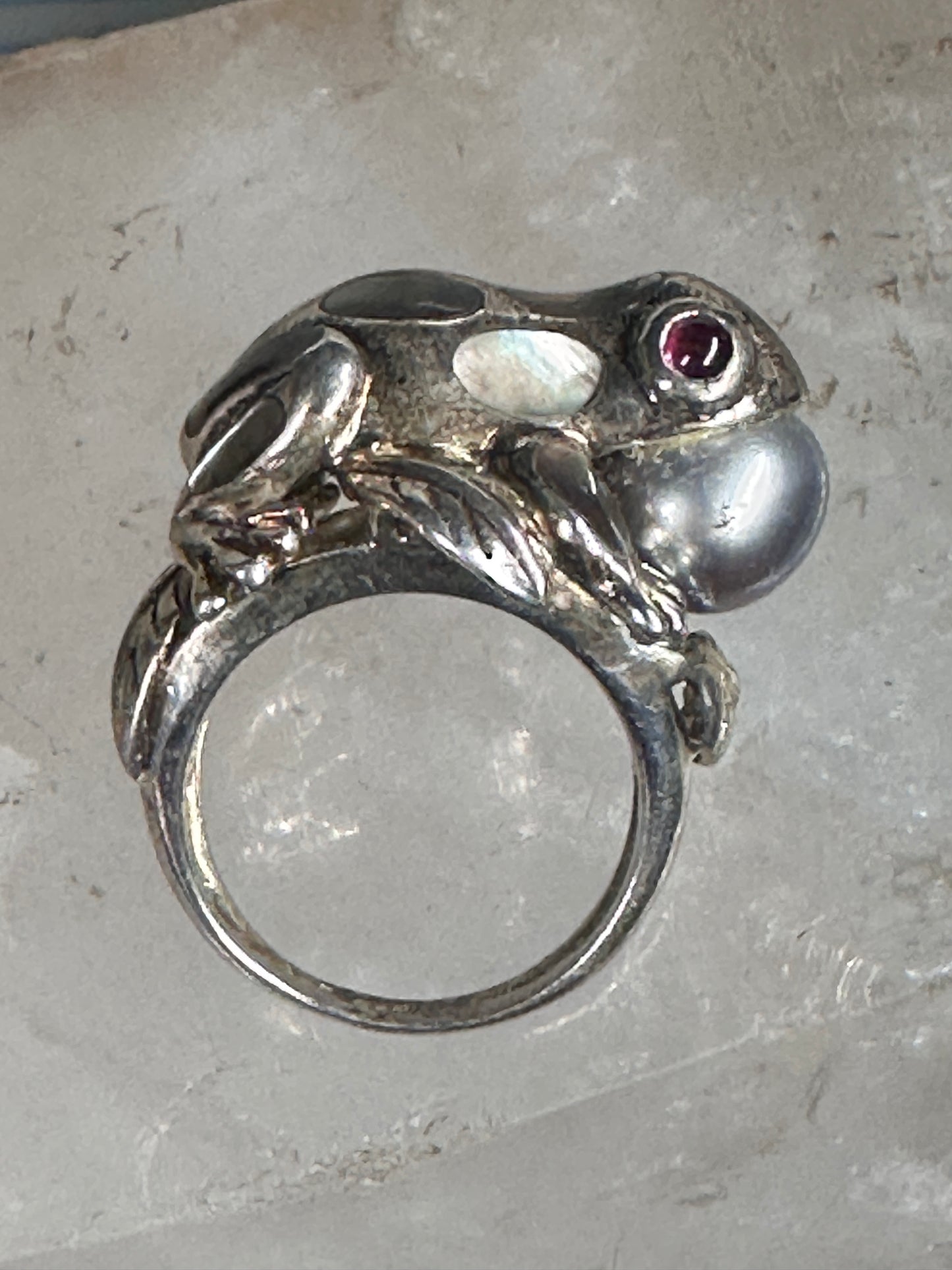 Frog ring leaves abalone size 8 sterling silver women