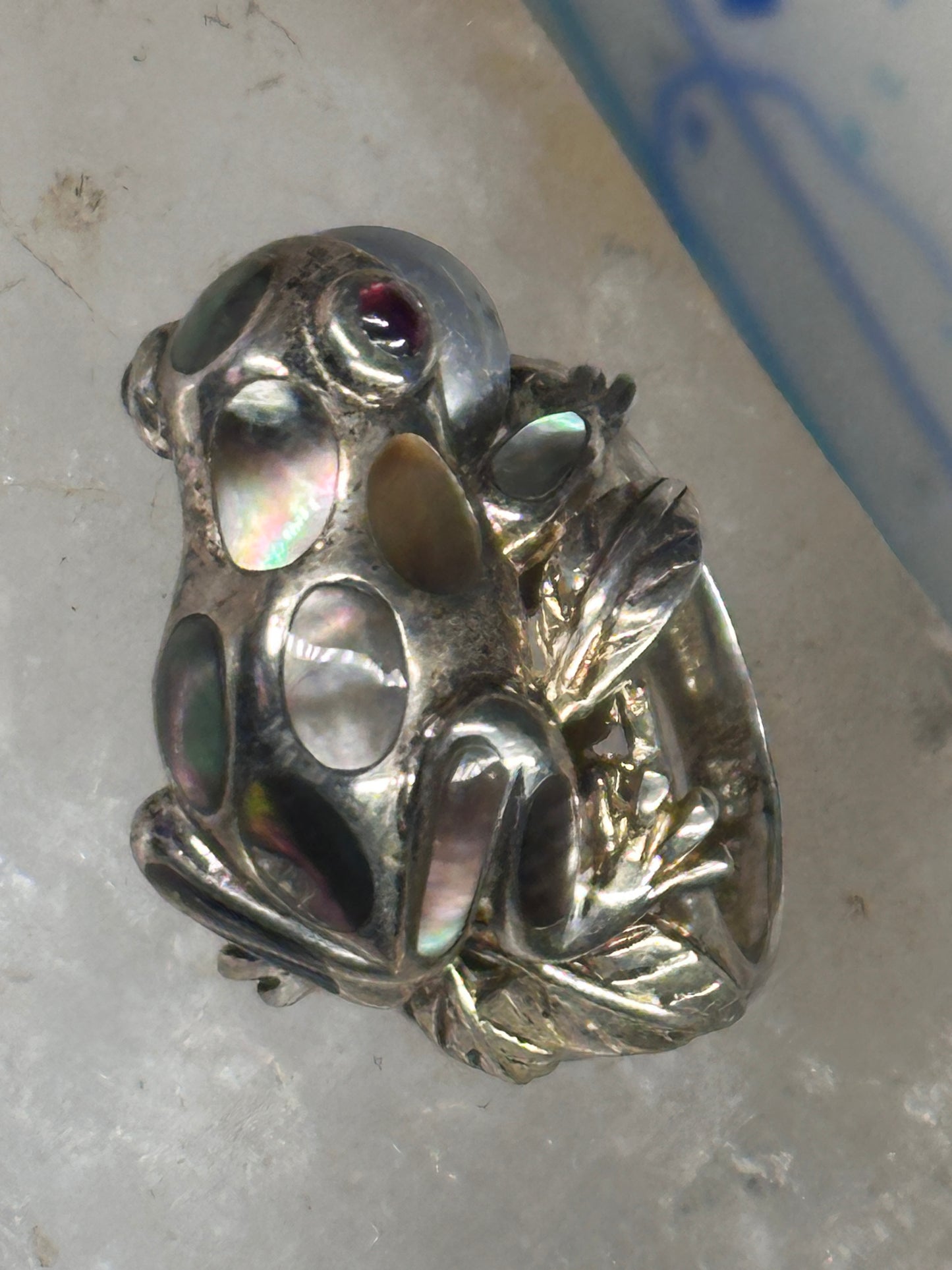 Frog ring leaves abalone size 8 sterling silver women