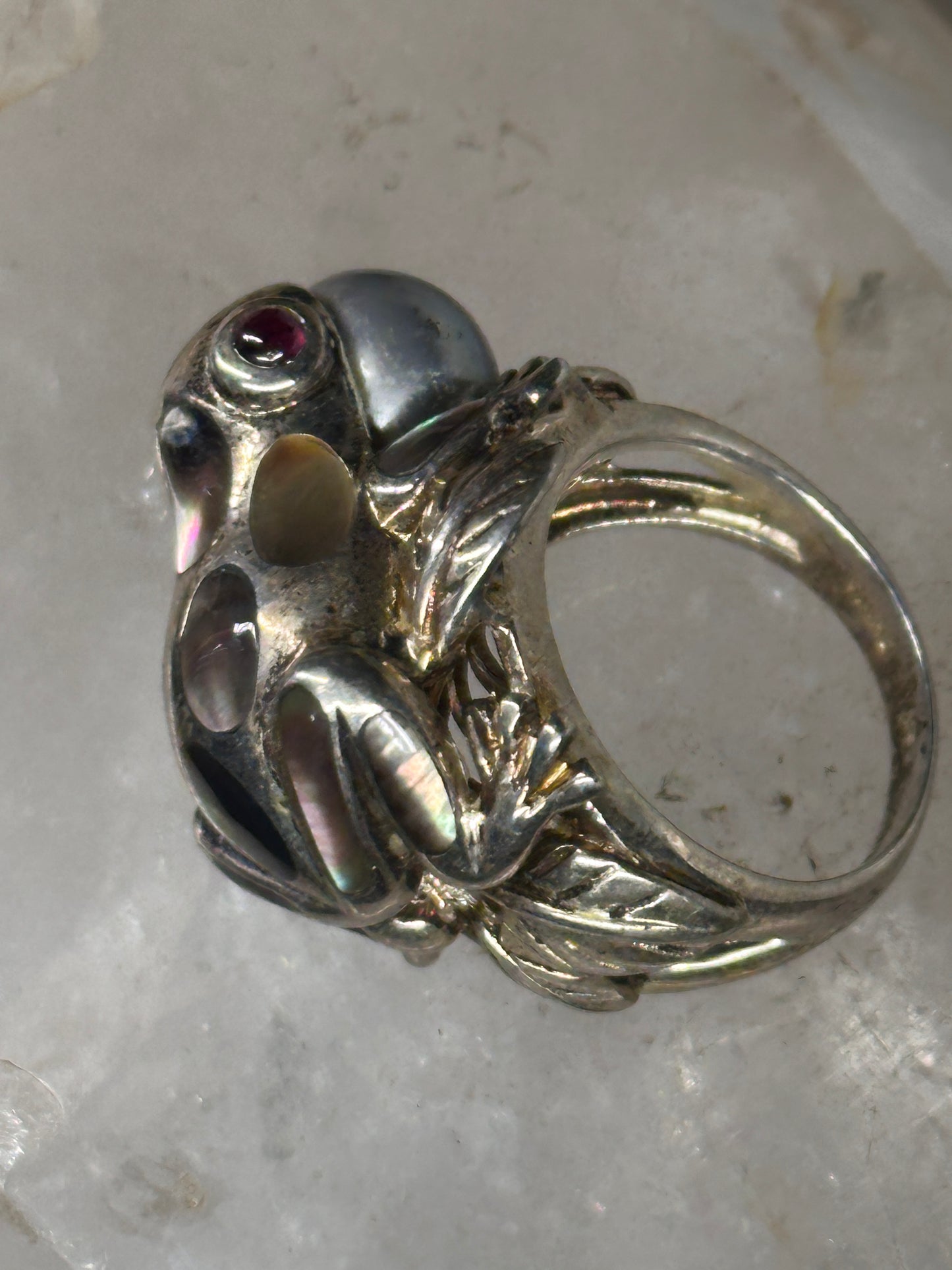 Frog ring leaves abalone size 8 sterling silver women