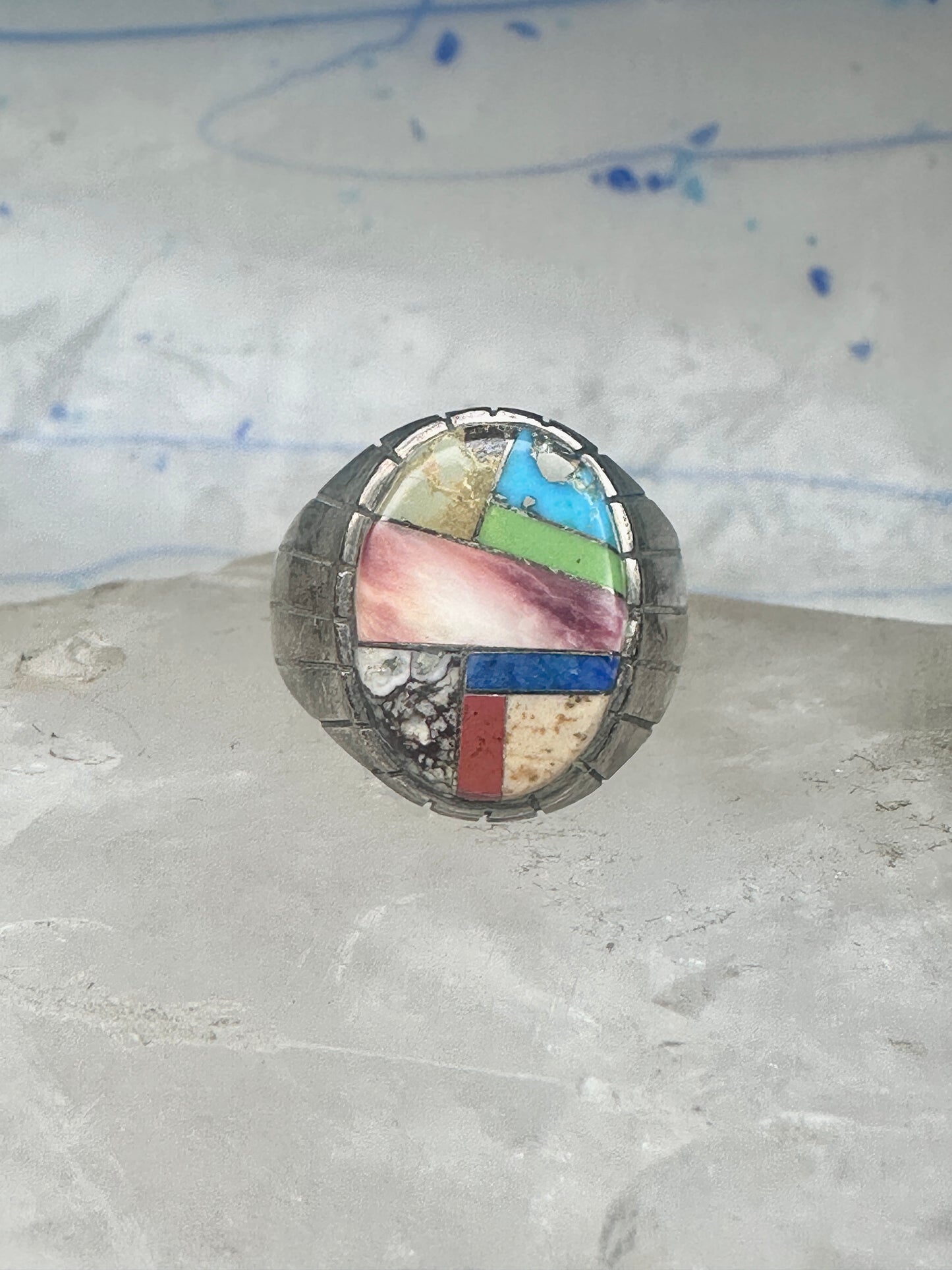 Southwestern Sterling Silver Multi-Stone Inlay Ring Size 10.75 - Geometric Segmented Band