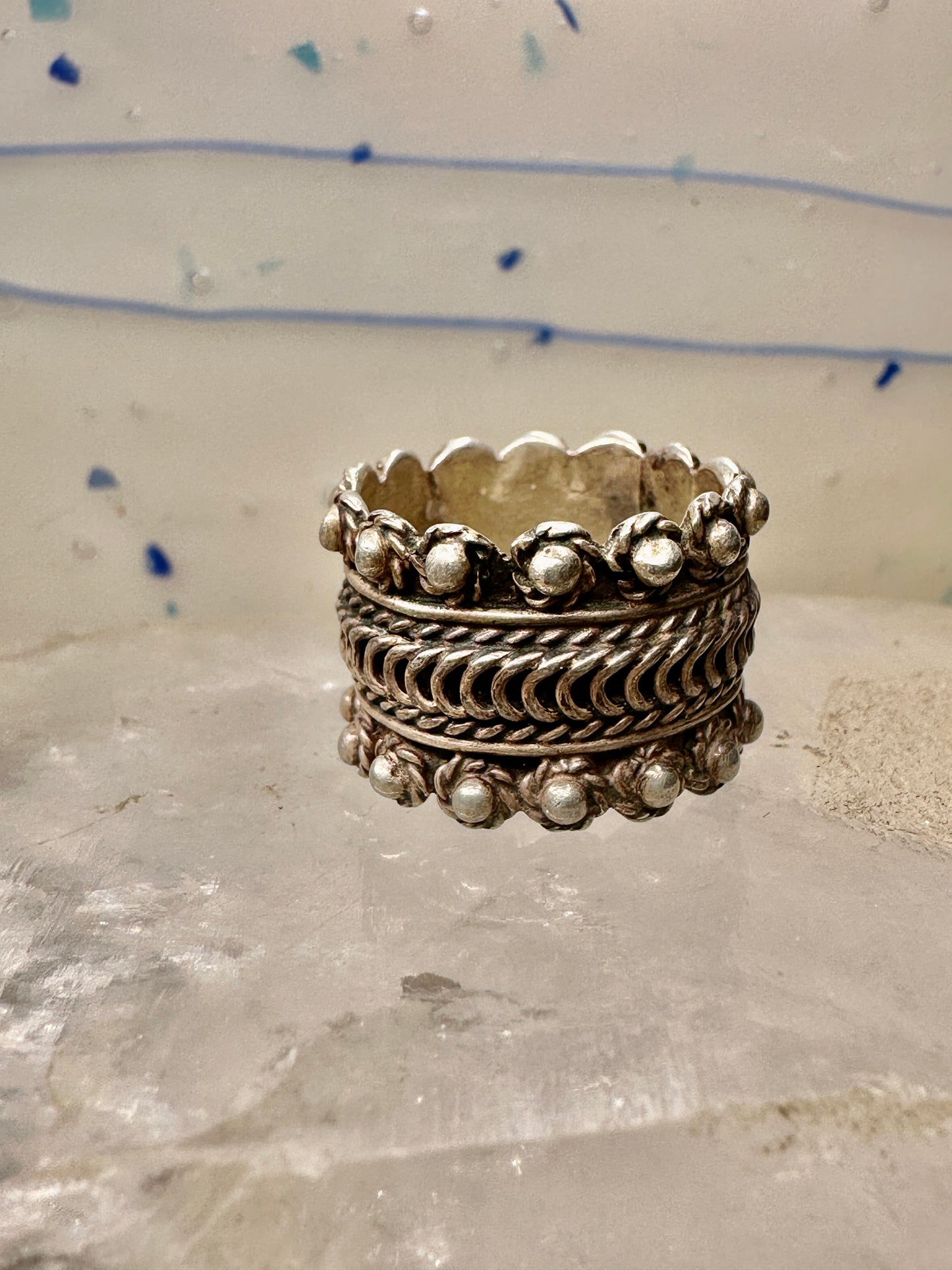 Boho ring Wide Beaded band size 6.25 sterling silver women