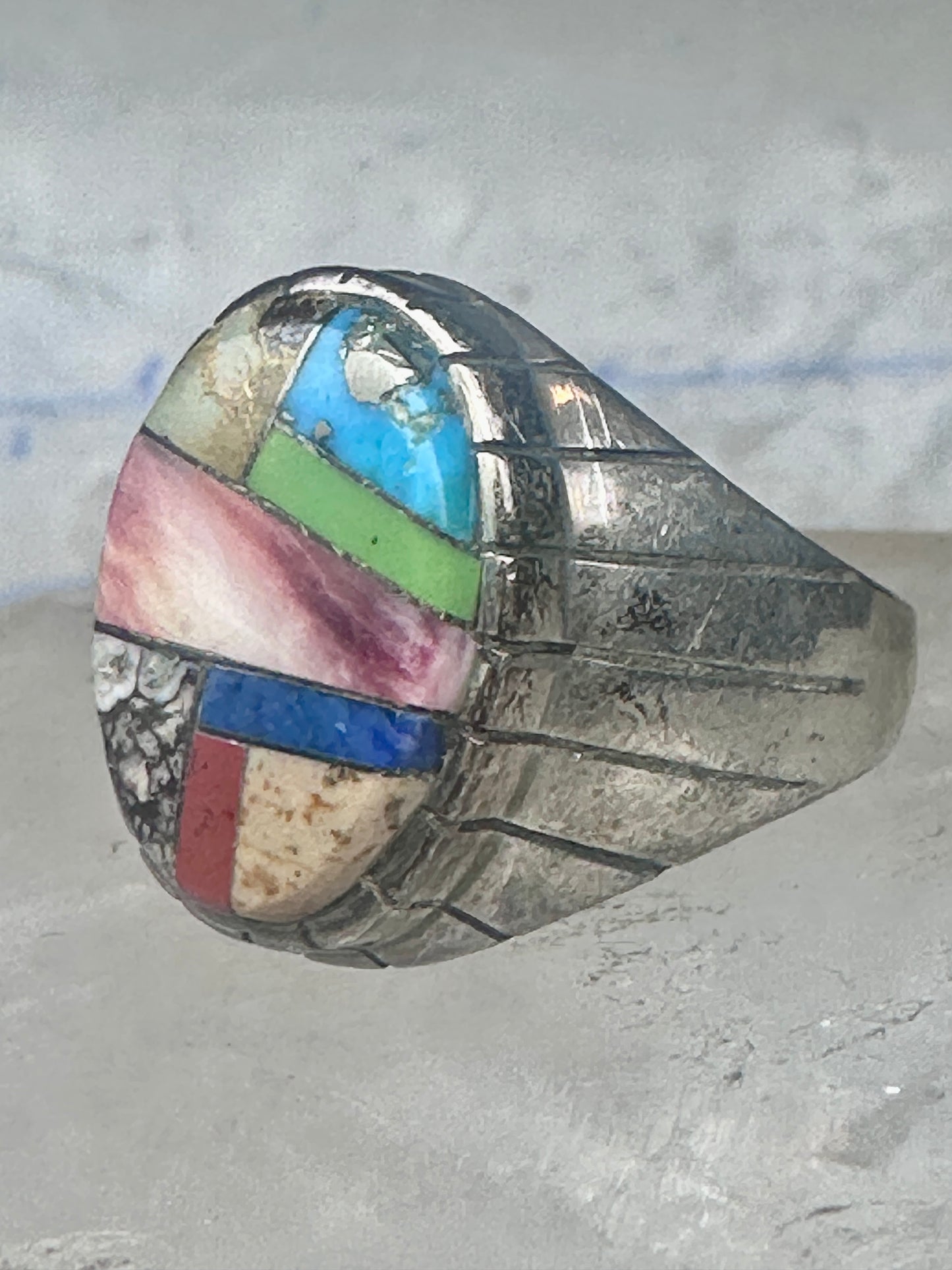 Southwestern Sterling Silver Multi-Stone Inlay Ring Size 10.75 - Geometric Segmented Band