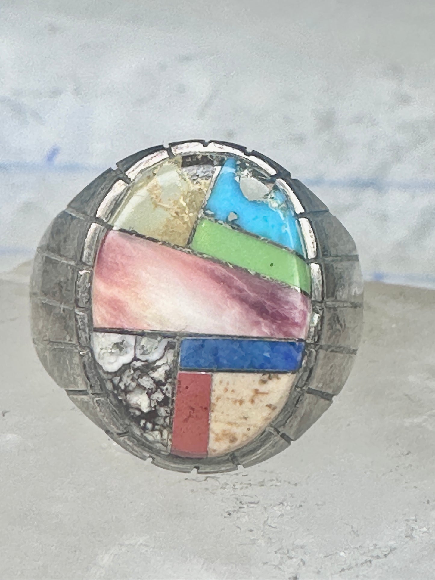 Southwestern Sterling Silver Multi-Stone Inlay Ring Size 10.75 - Geometric Segmented Band