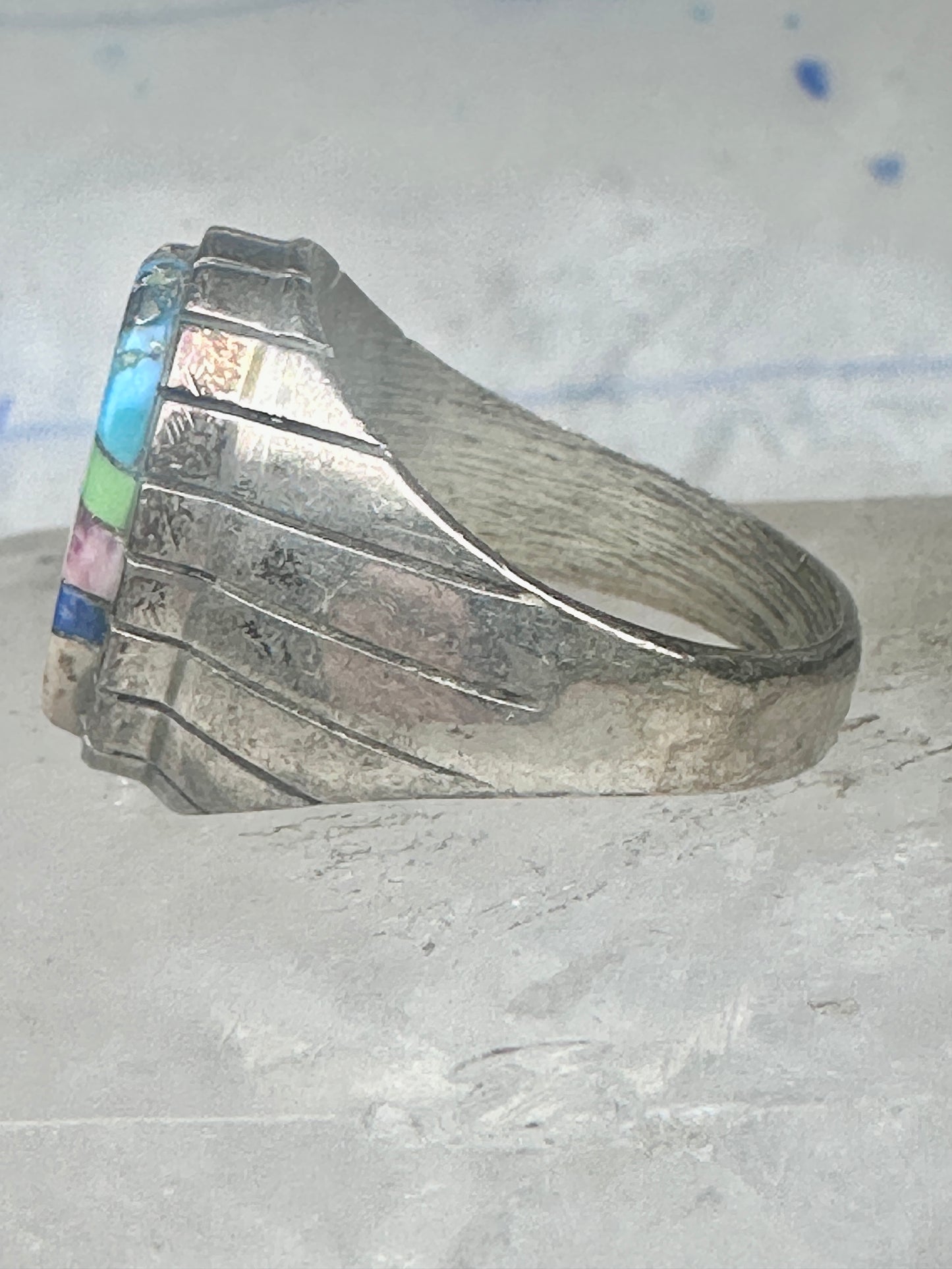 Southwestern Sterling Silver Multi-Stone Inlay Ring Size 10.75 - Geometric Segmented Band