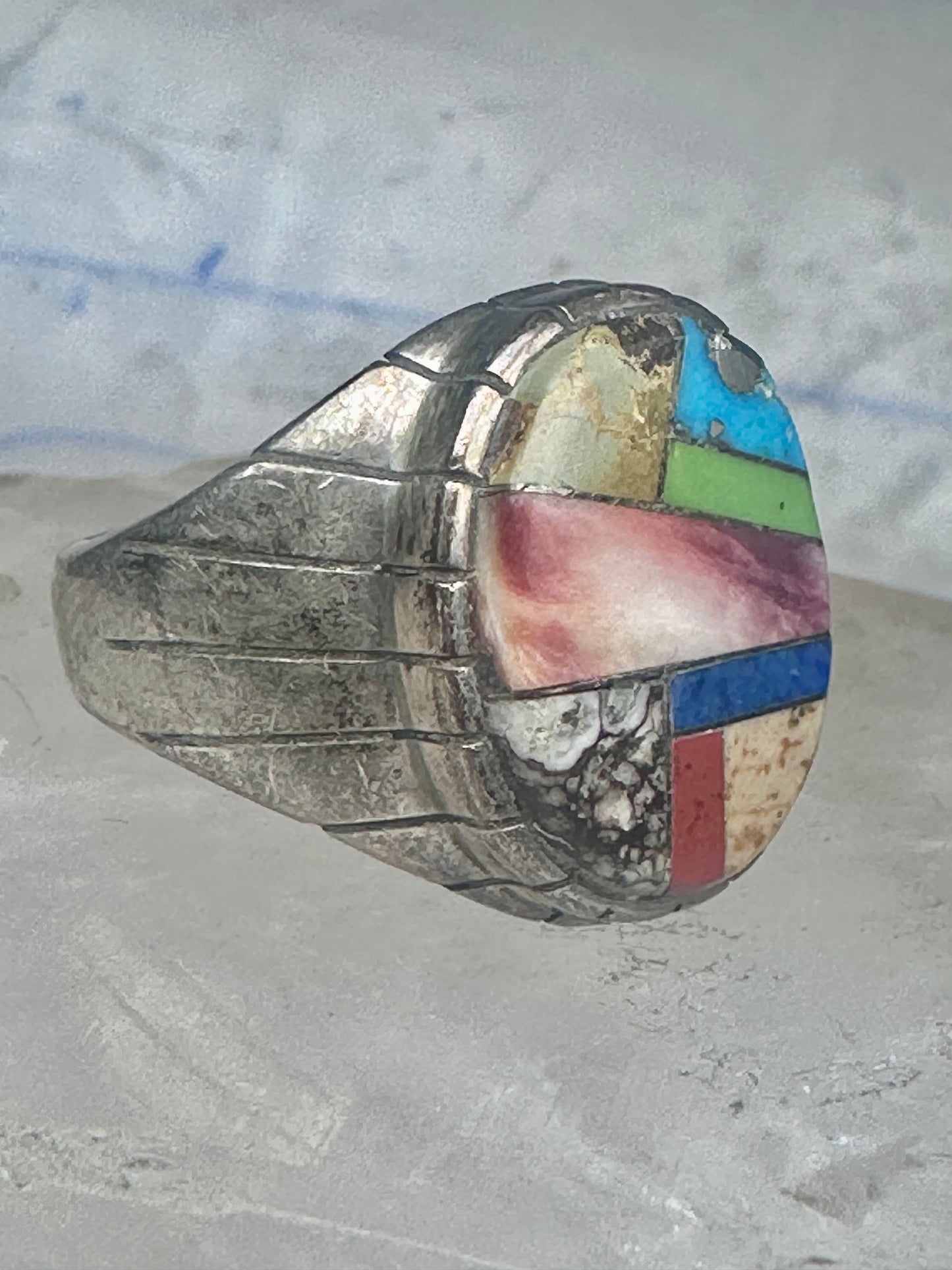 Southwestern Sterling Silver Multi-Stone Inlay Ring Size 10.75 - Geometric Segmented Band