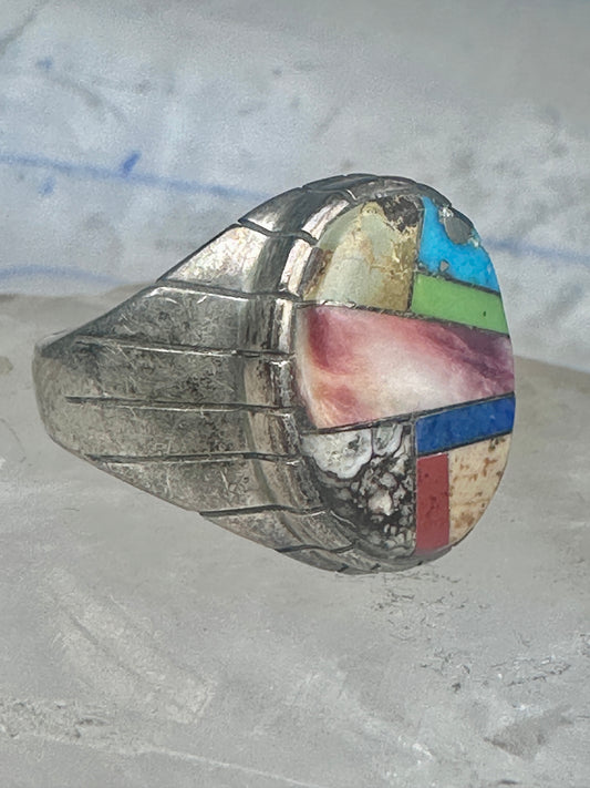 Southwestern Sterling Silver Multi-Stone Inlay Ring Size 10.75 - Geometric Segmented Band