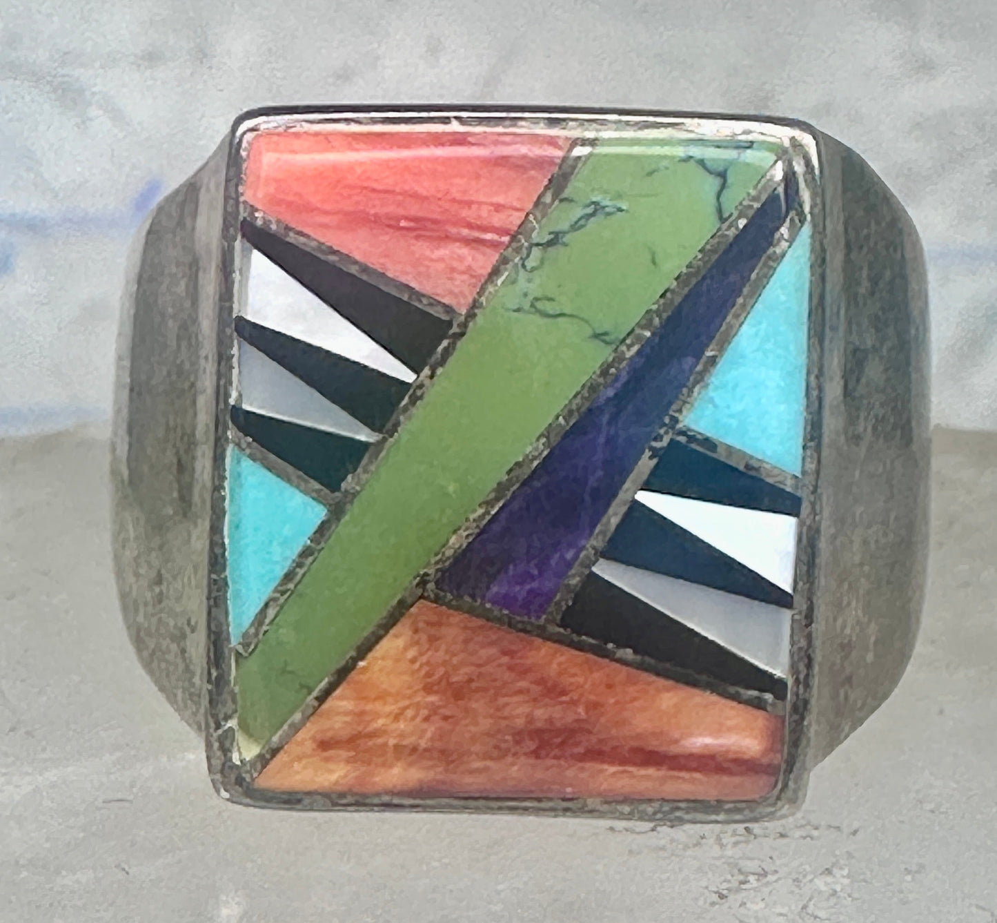 Southwestern Sterling Silver Multi-Stone Inlay Ring Size 13 - Square Geometric Segmented Band