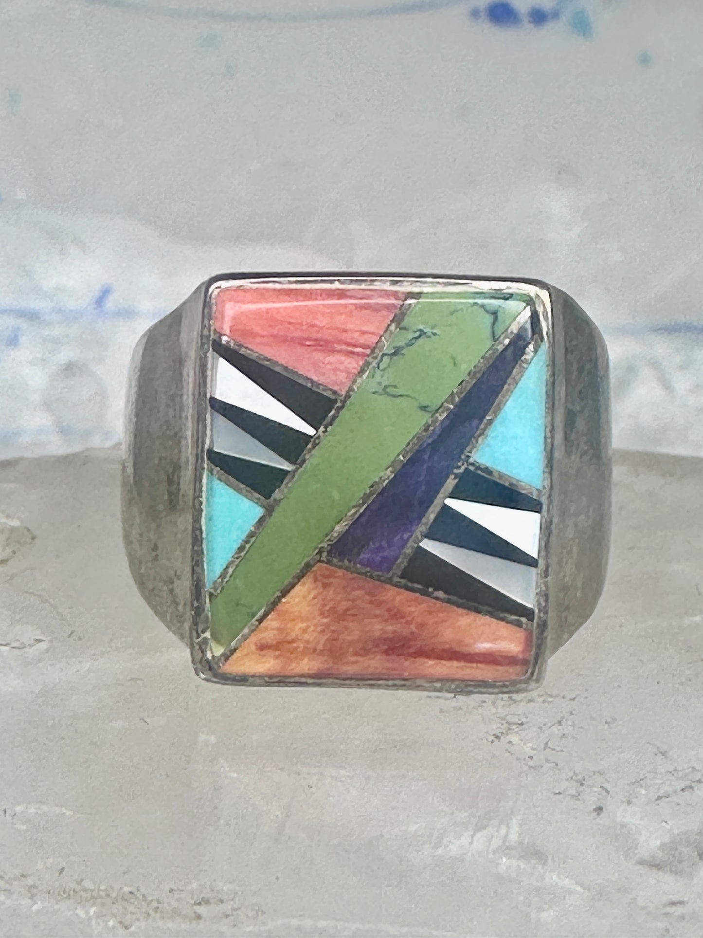 Southwestern Sterling Silver Multi-Stone Inlay Ring Size 13 - Square Geometric Segmented Band