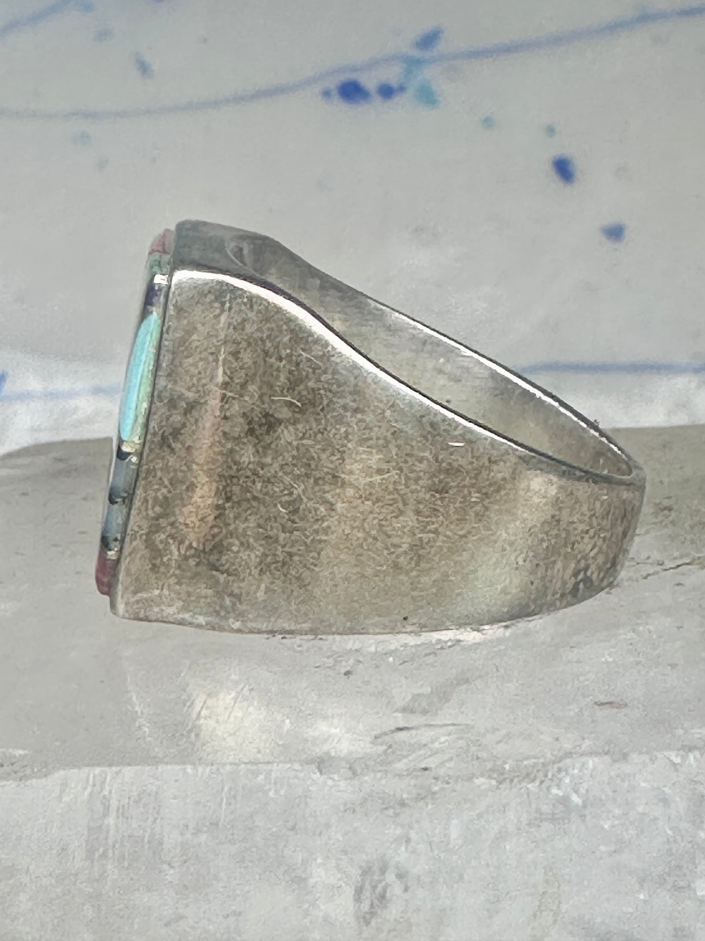Southwestern Sterling Silver Multi-Stone Inlay Ring Size 13 - Square Geometric Segmented Band