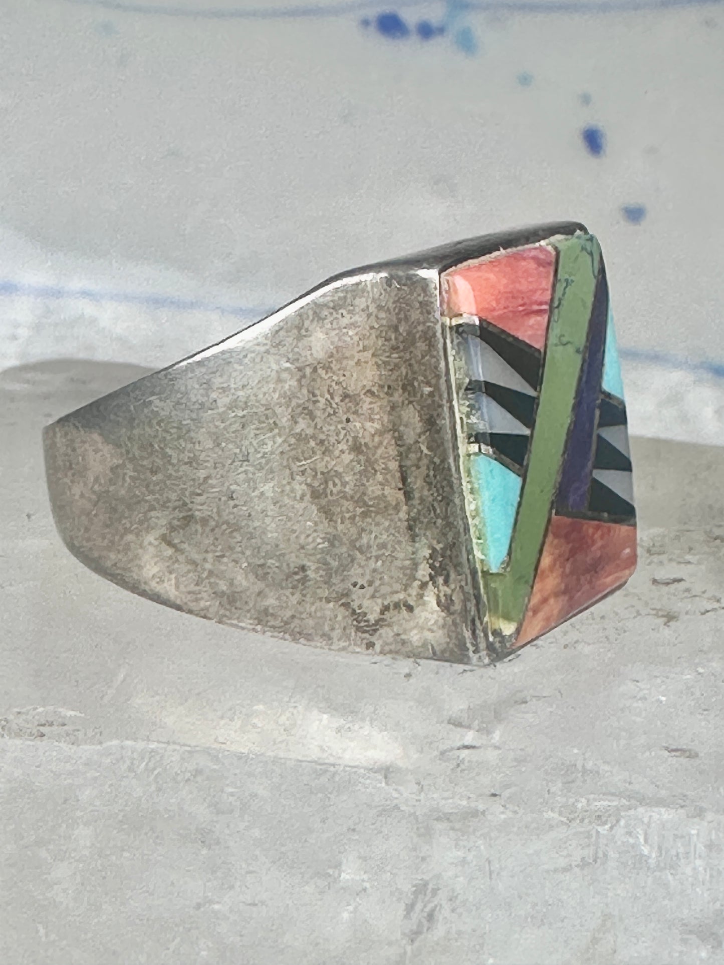 Southwestern Sterling Silver Multi-Stone Inlay Ring Size 13 - Square Geometric Segmented Band